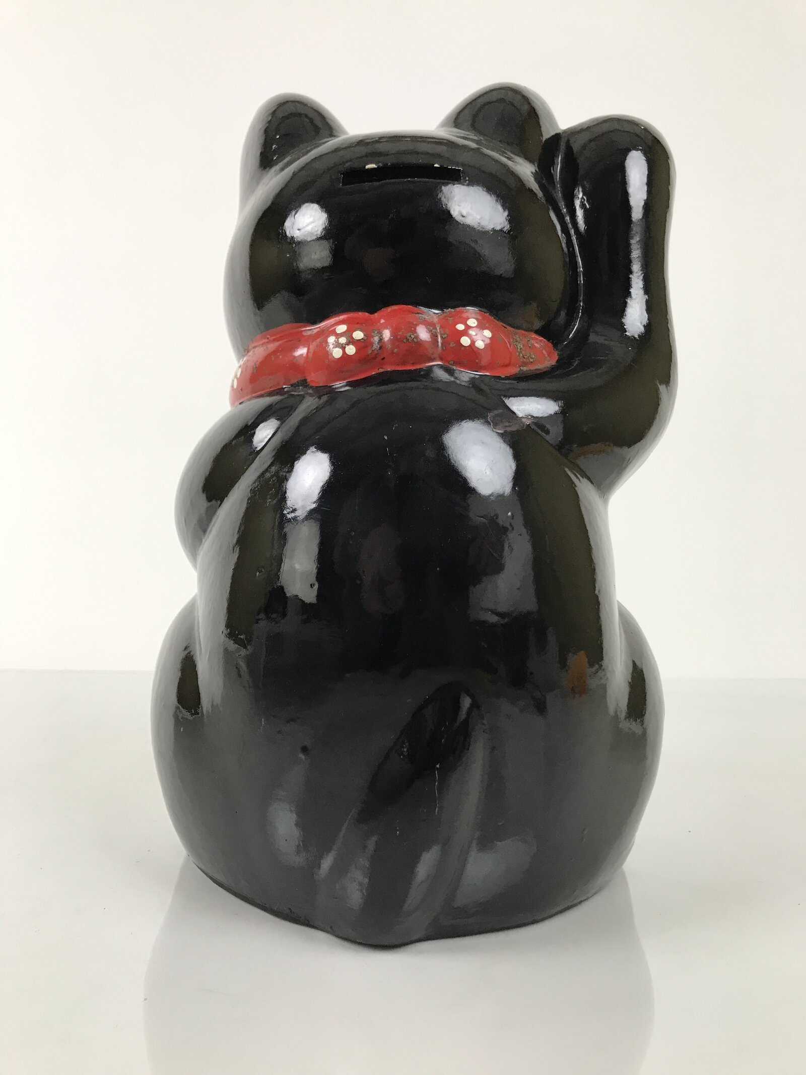 Japanese Ceramic Maneki Neko Cat Piggy Bank Vtg Chokin Bako Black Luck ST87