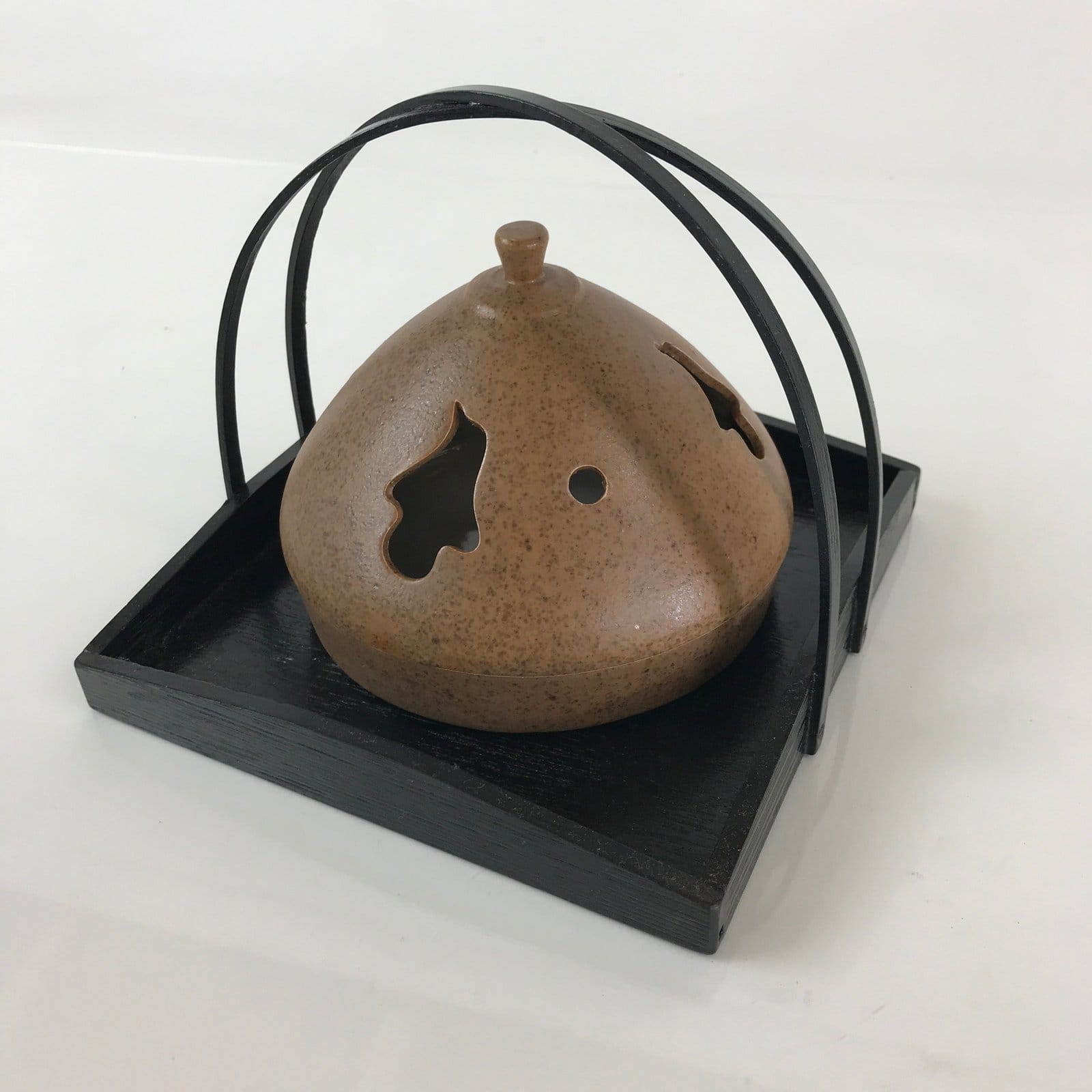 Japanese Ceramic Mosquito Coil Holder And Wooded Tray Vtg Iron Glaze PX629