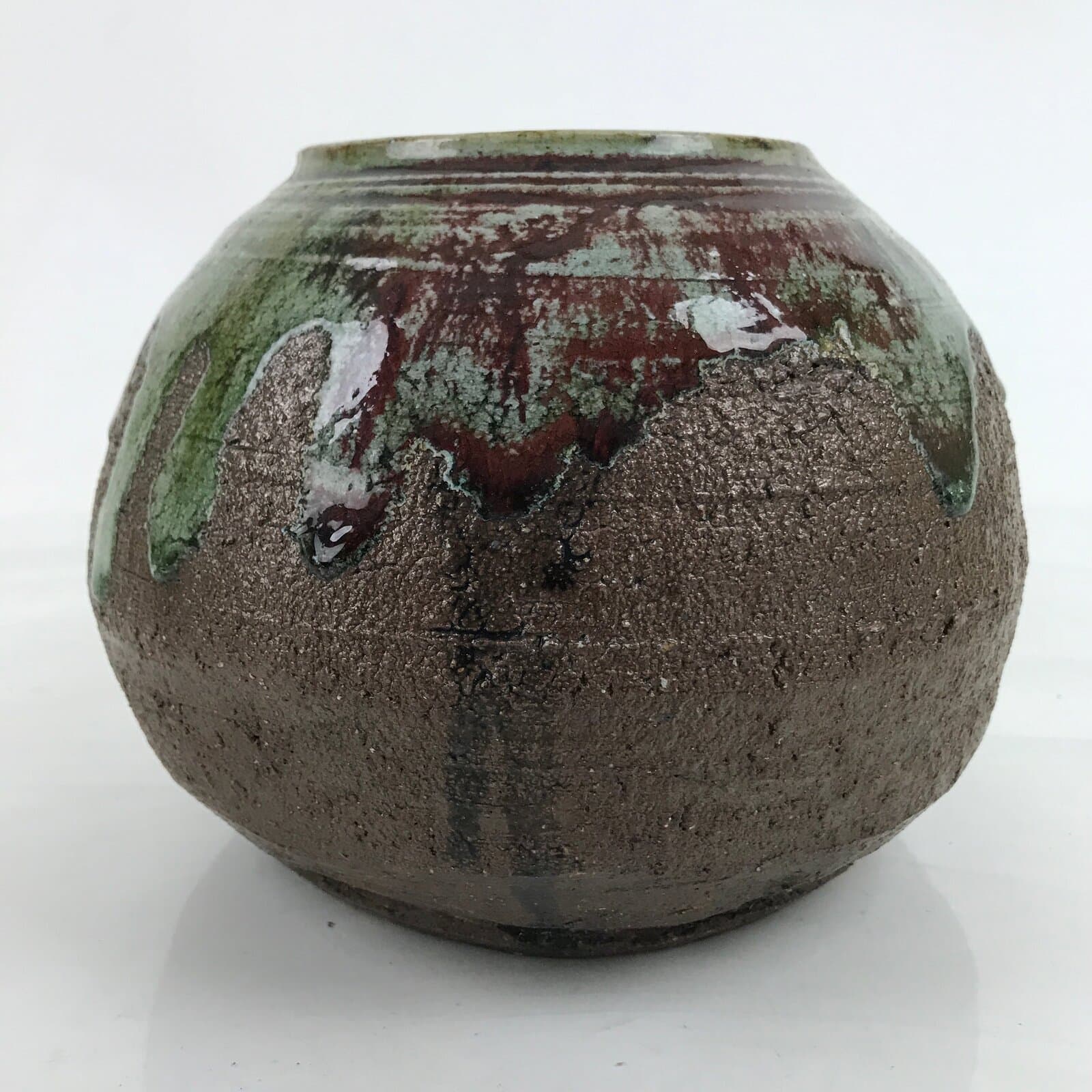 Japanese Ceramic Oribe Ware Flower Vase Vtg Ikebana Kabin Brown FK142