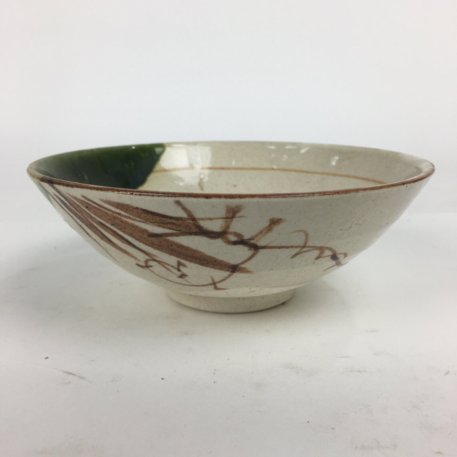 Japanese Ceramic Oribe Ware Tea Ceremony Bowl Vtg Green White Chawan GTB773