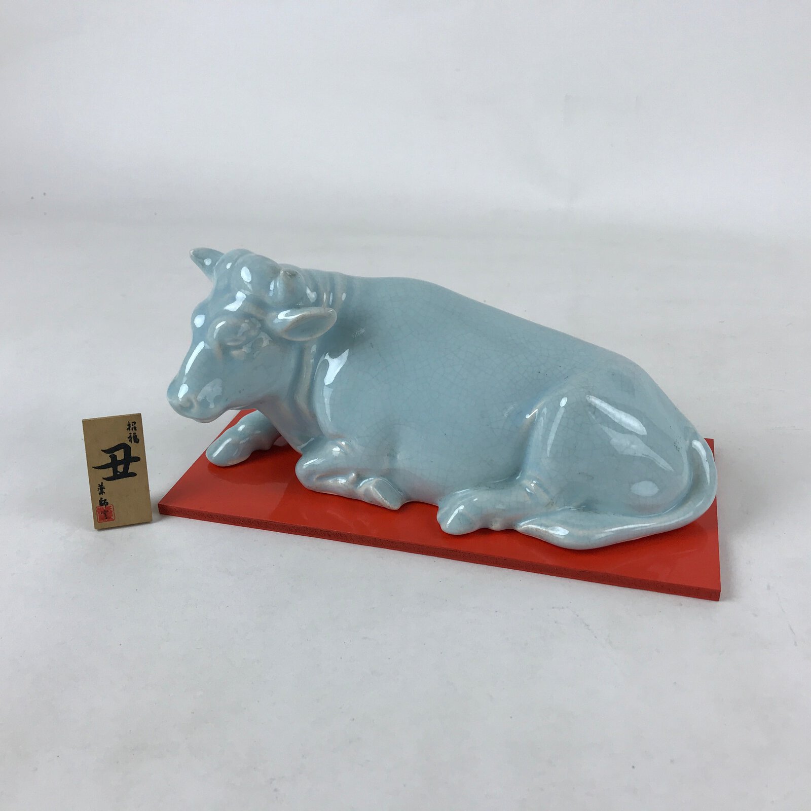 Japanese Ceramic Ox Figurine Vtg Green Red Stand Zodiac Decoration W/ Box PX716