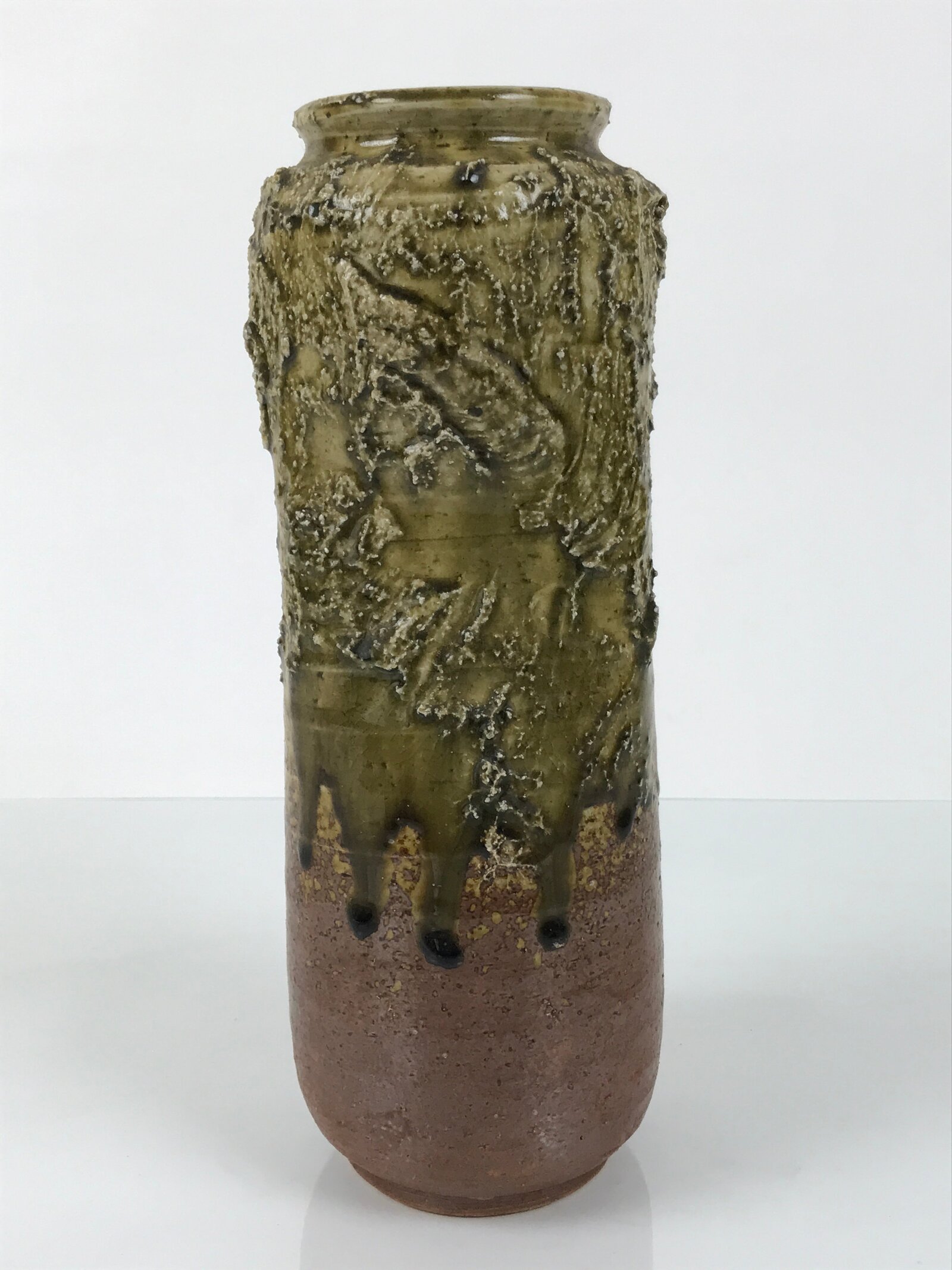 Japanese Ceramic Pottery Flower Vase Vtg Ikebana Arrangement Kabin Green FK203