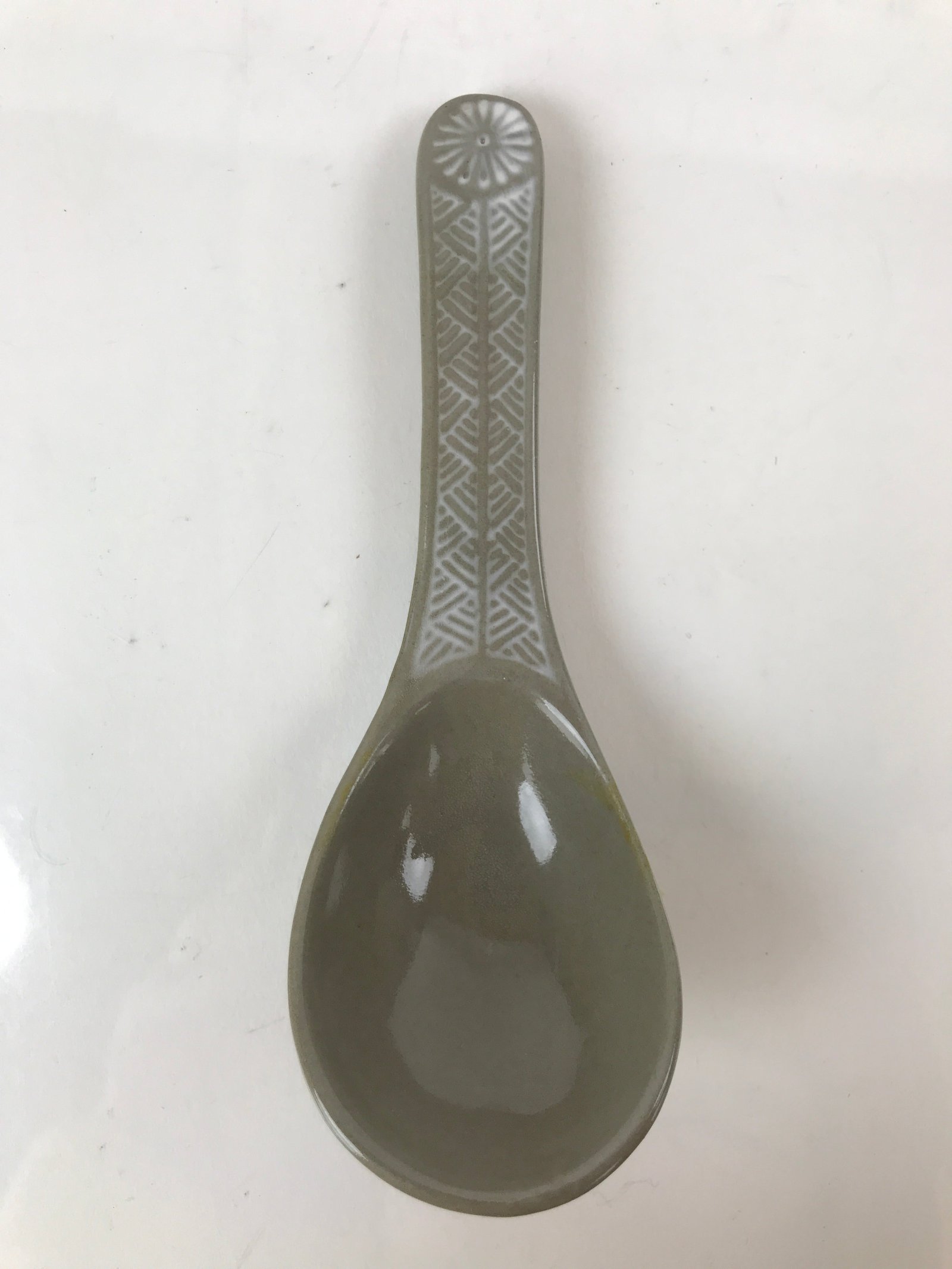 Japanese Ceramic Renge Spoon W/Stand Vtg Nabe Ramen Noodle Soup Gray PY877