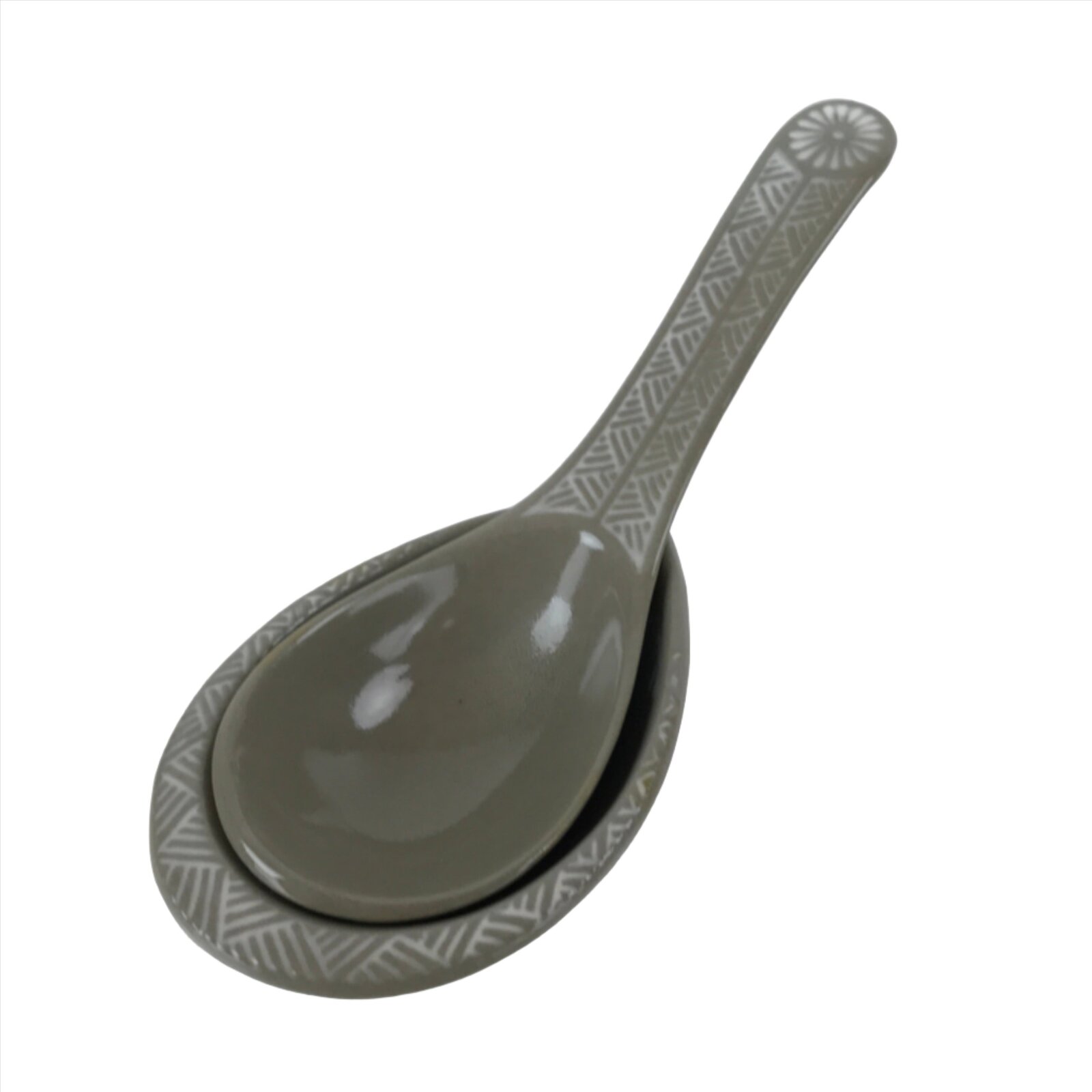 Japanese Ceramic Renge Spoon W/Stand Vtg Nabe Ramen Noodle Soup Gray PY884