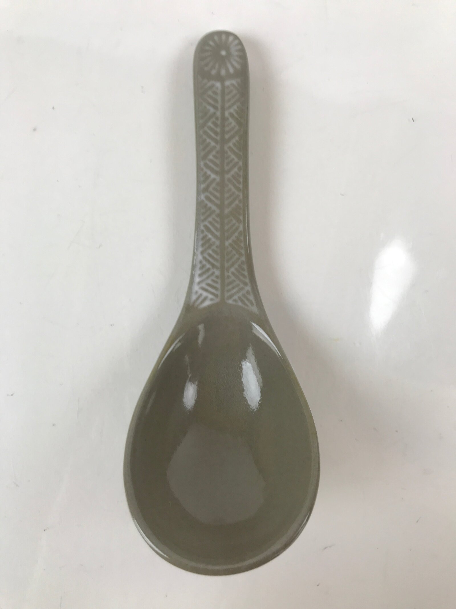 Japanese Ceramic Renge Spoon W/Stand Vtg Nabe Ramen Noodle Soup Gray PY888