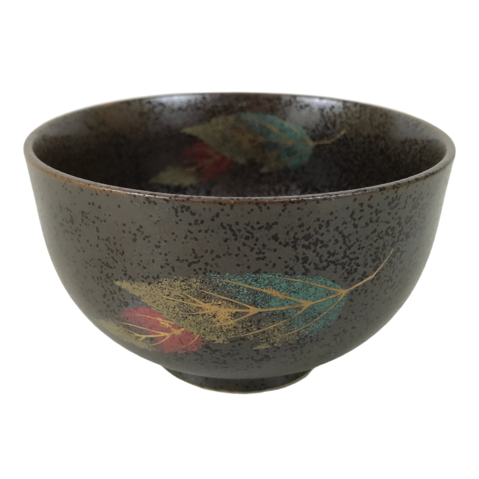 Japanese Ceramic Rice Bowl Donburi Dish Vtg Tenmoku Spot Pattern Leaf Brown Y427