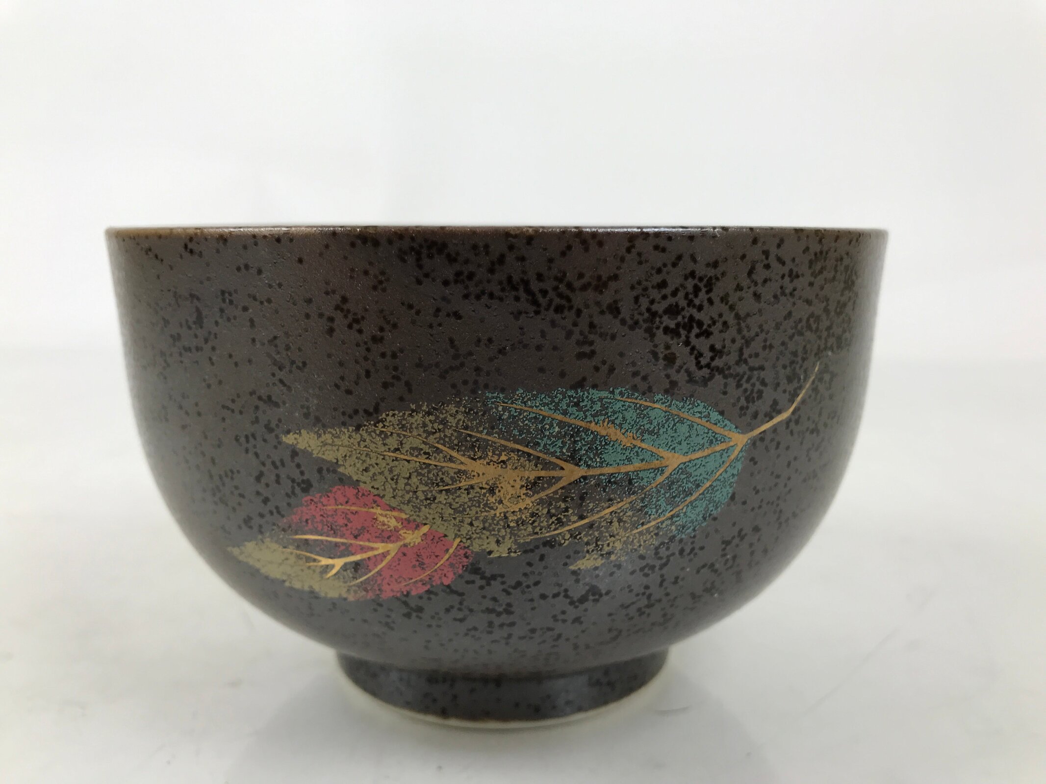 Japanese Ceramic Rice Bowl Donburi Dish Vtg Tenmoku Spot Pattern Leaf Brown Y427