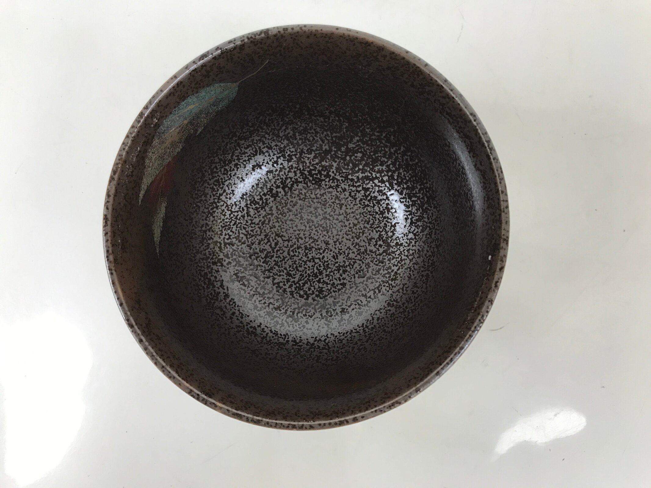 Japanese Ceramic Rice Bowl Donburi Dish Vtg Tenmoku Spot Pattern Leaf Brown Y427