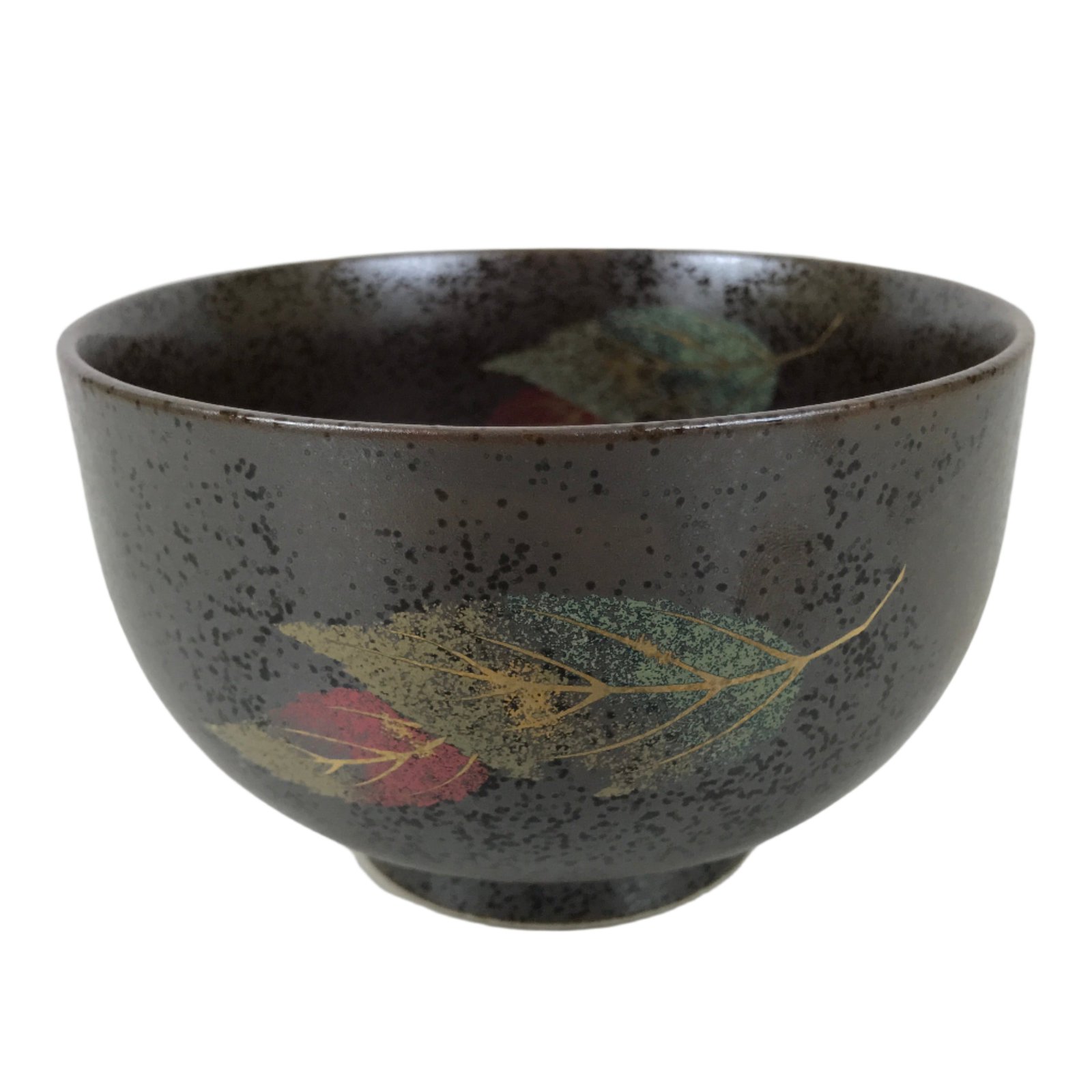 Japanese Ceramic Rice Bowl Donburi Dish Vtg Tenmoku Spot Pattern Leaf Brown Y428