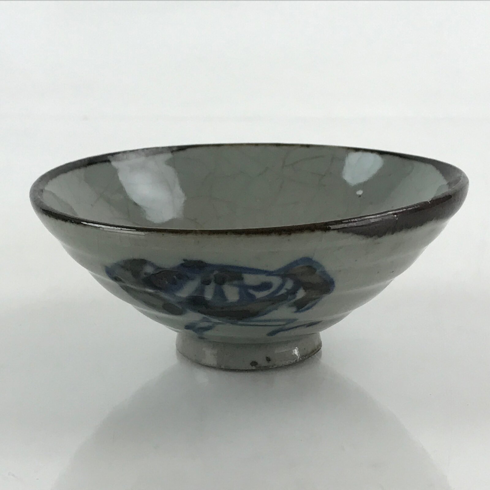 Japanese Ceramic Rice Bowl Vtg Chawan Pottery Yakimono Gray Cracked Glaze PY436