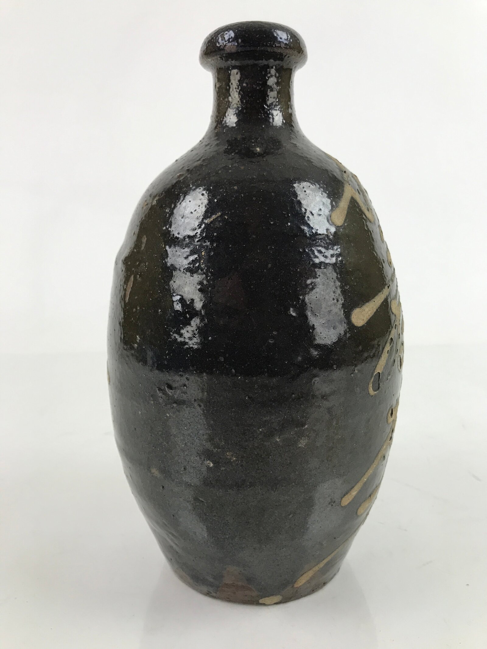 Japanese Ceramic Sake Bottle Kayoi-Tokkuri Vtg Beige Kanji Dark Brown TS742
