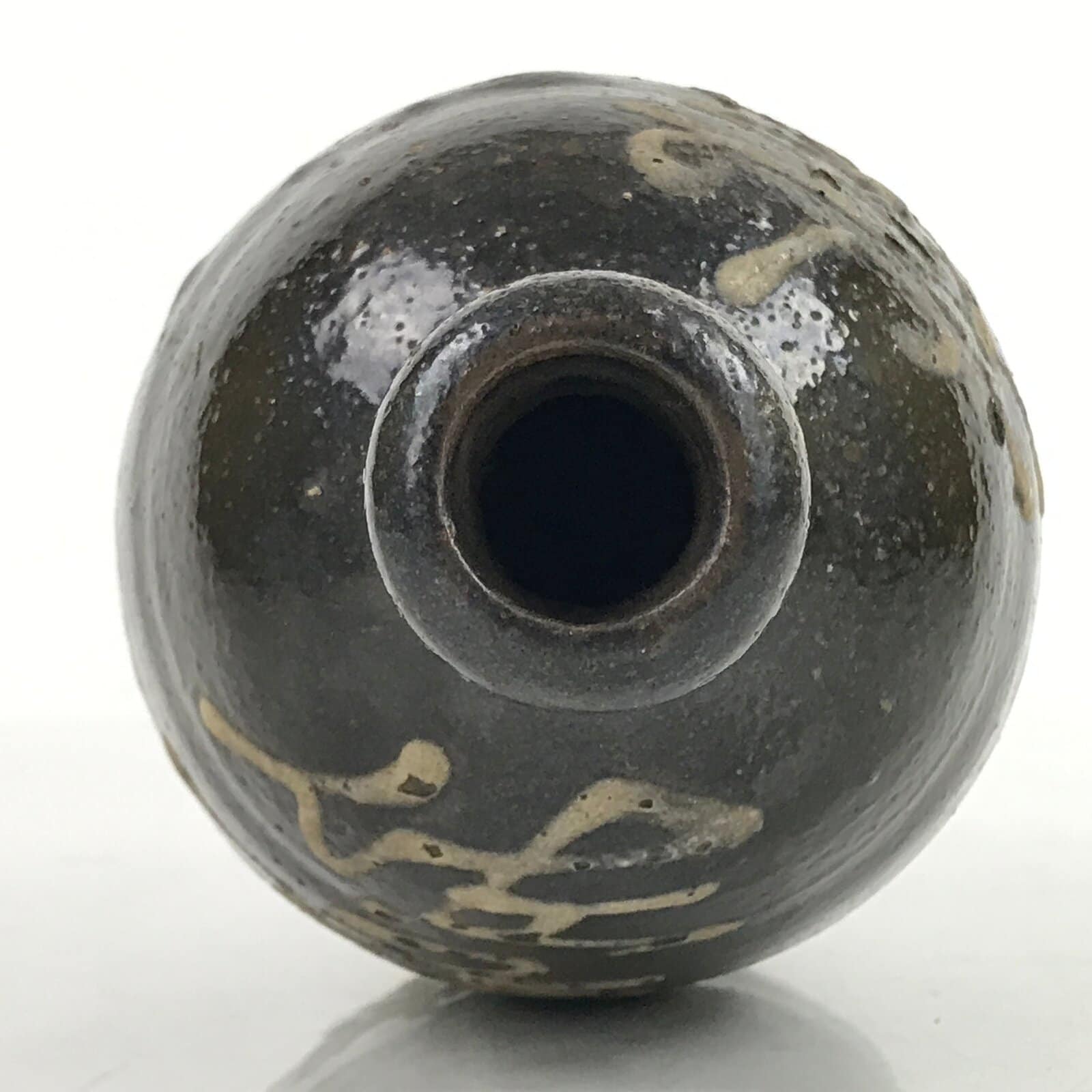 Japanese Ceramic Sake Bottle Kayoi-Tokkuri Vtg Beige Kanji Dark Brown TS742