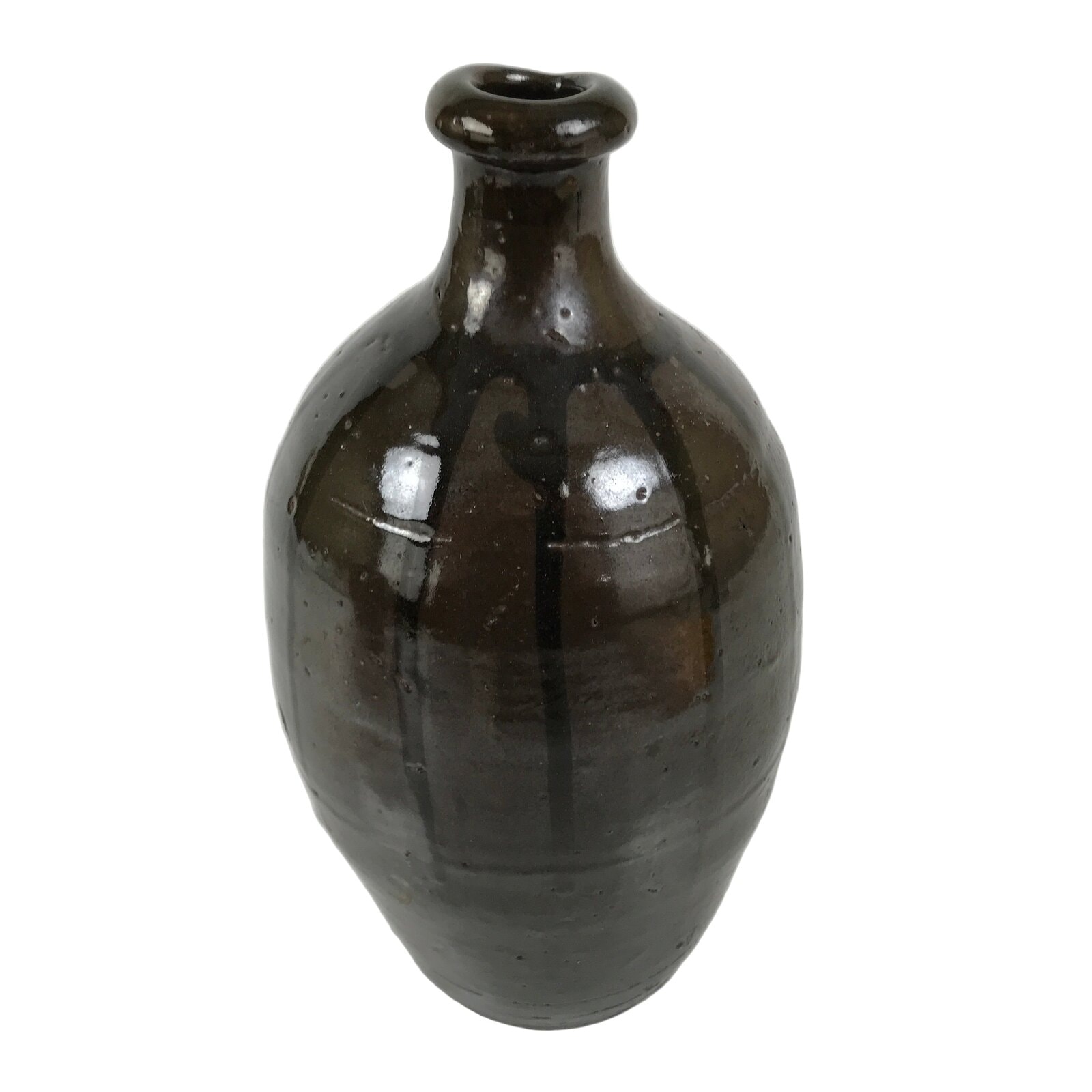 Japanese Ceramic Sake Bottle Kayoi-Tokkuri Vtg Brown Round Crane Neck TS868