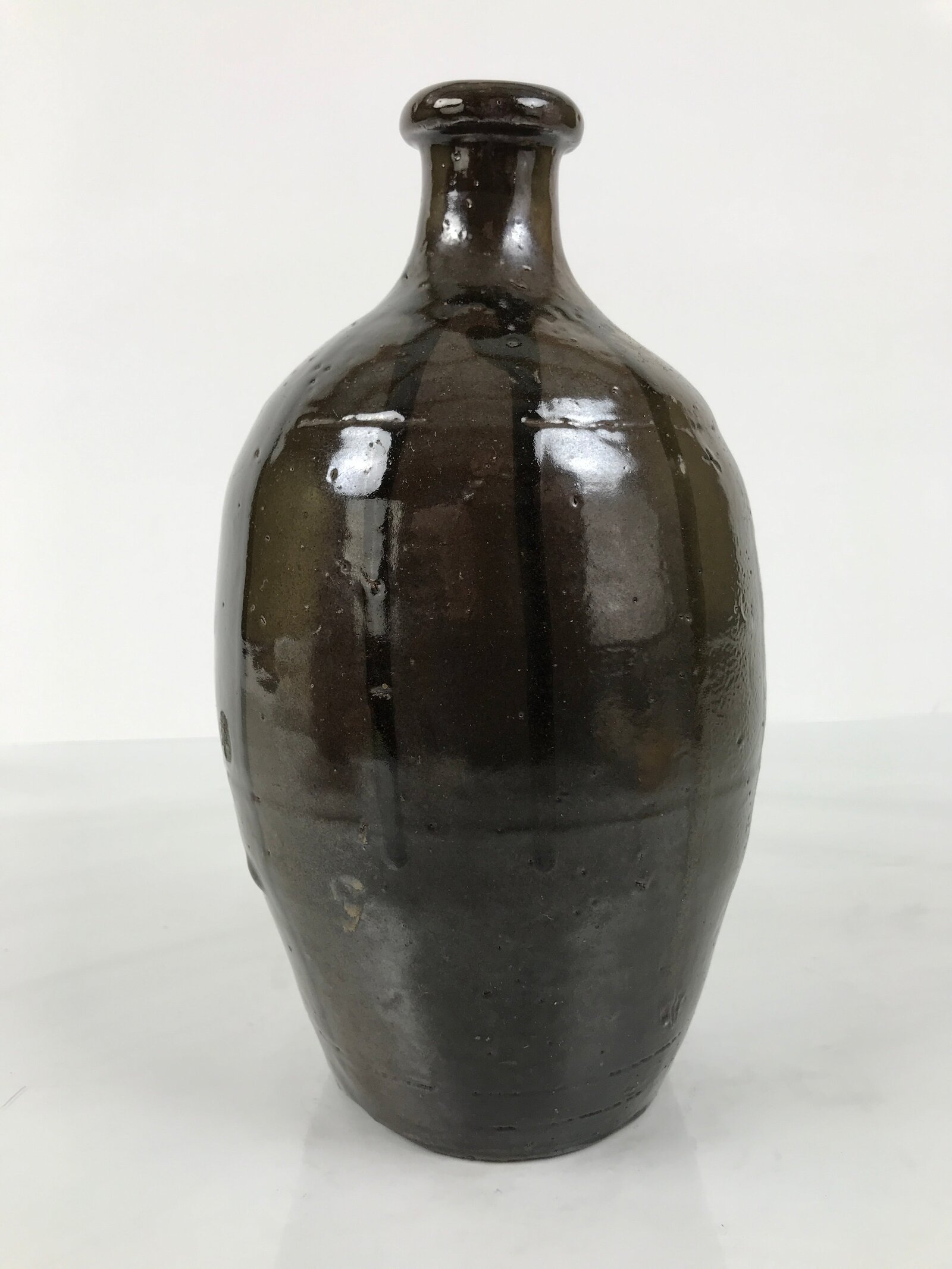 Japanese Ceramic Sake Bottle Kayoi-Tokkuri Vtg Brown Round Crane Neck TS868