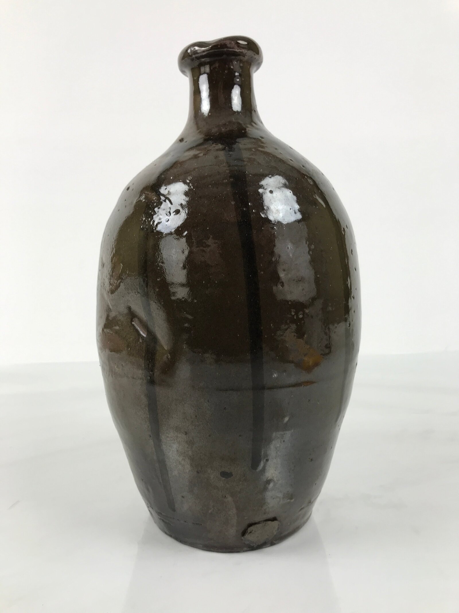 Japanese Ceramic Sake Bottle Kayoi-Tokkuri Vtg Brown Round Crane Neck TS868