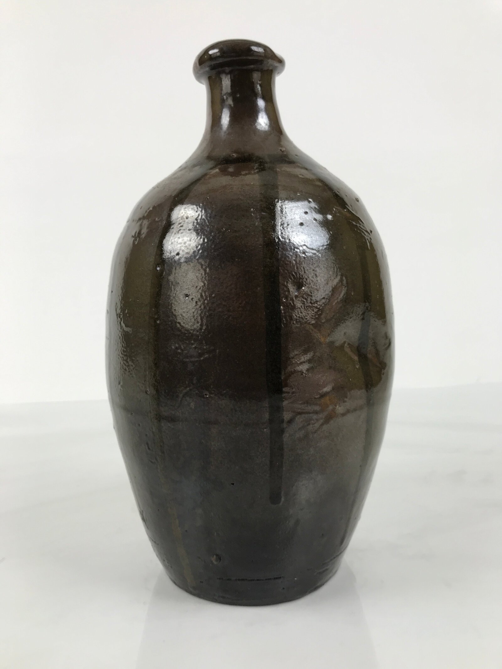 Japanese Ceramic Sake Bottle Kayoi-Tokkuri Vtg Brown Round Crane Neck TS868