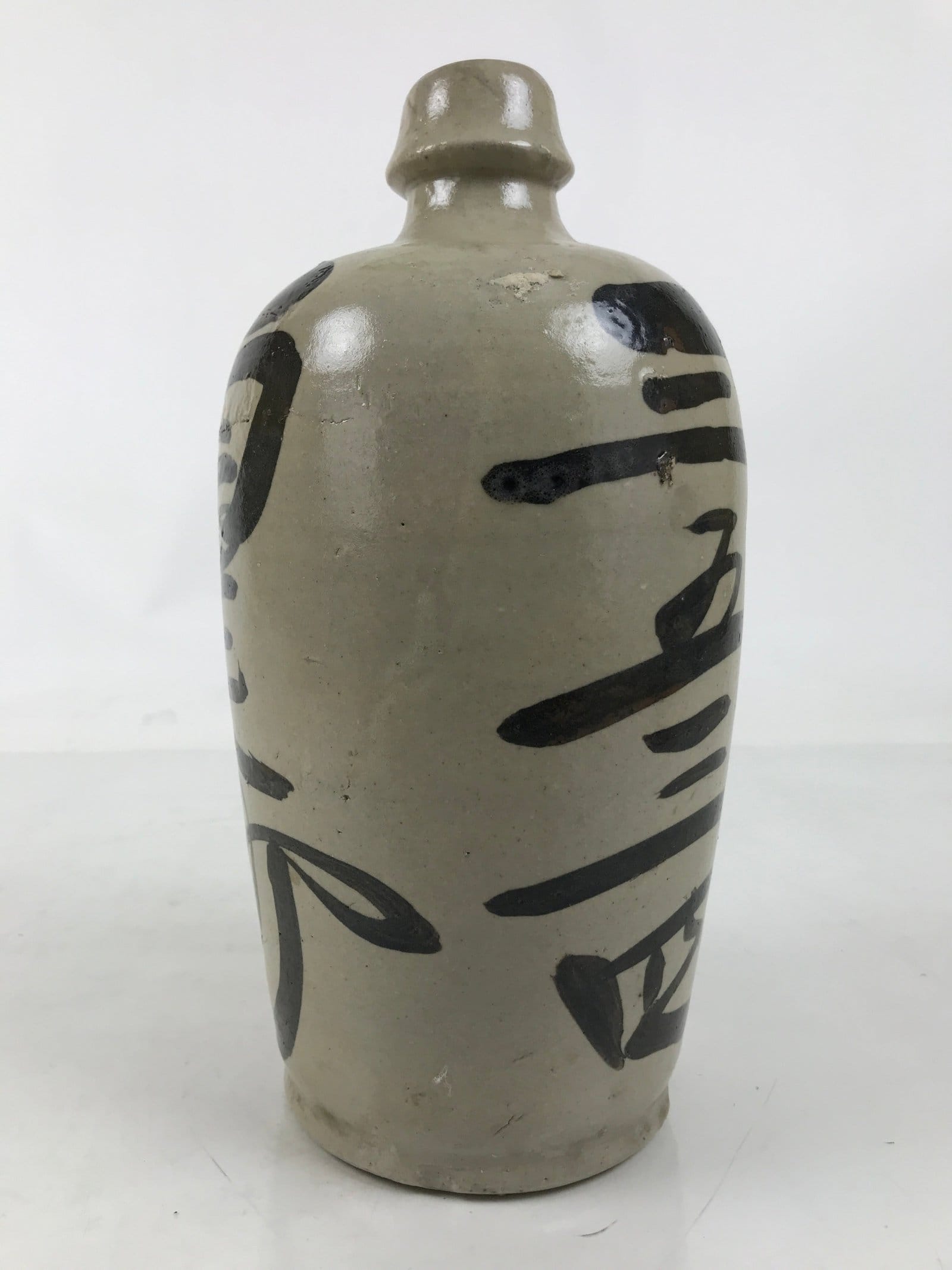 Japanese Ceramic Sake Bottle Kayoi-Tokkuri Vtg Gray Black Kanji TS788