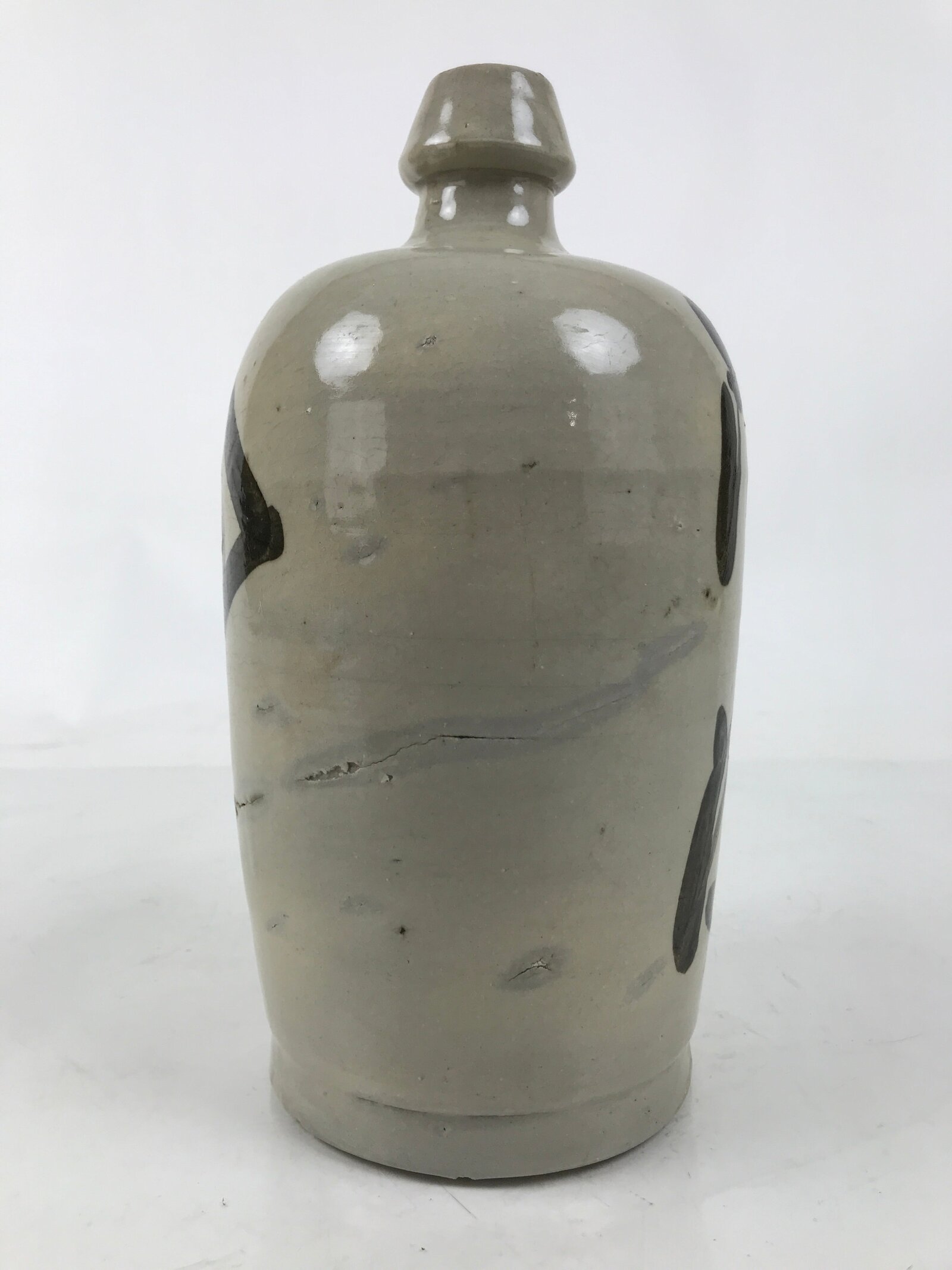 Japanese Ceramic Sake Bottle Kayoi-Tokkuri Vtg Gray Black Kanji TS789