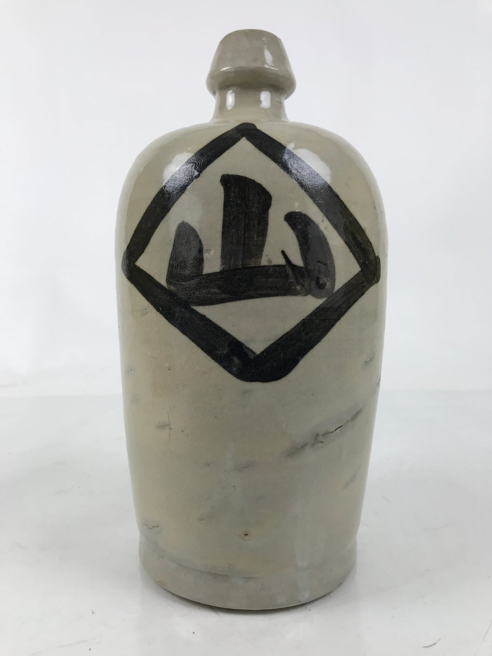 Japanese Ceramic Sake Bottle Kayoi-Tokkuri Vtg Gray Black Kanji TS789