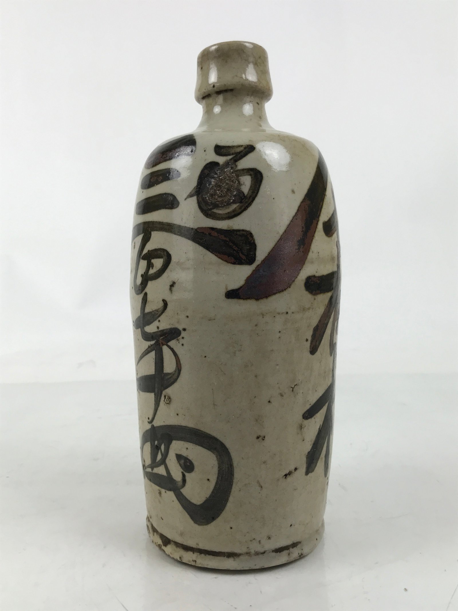 Japanese Ceramic Sake Bottle Kayoi-Tokkuri Vtg Gray Black Kanji TS793