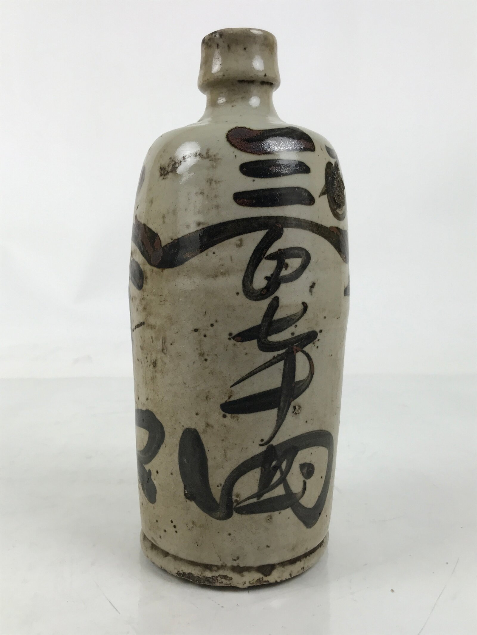 Japanese Ceramic Sake Bottle Kayoi-Tokkuri Vtg Gray Black Kanji TS793