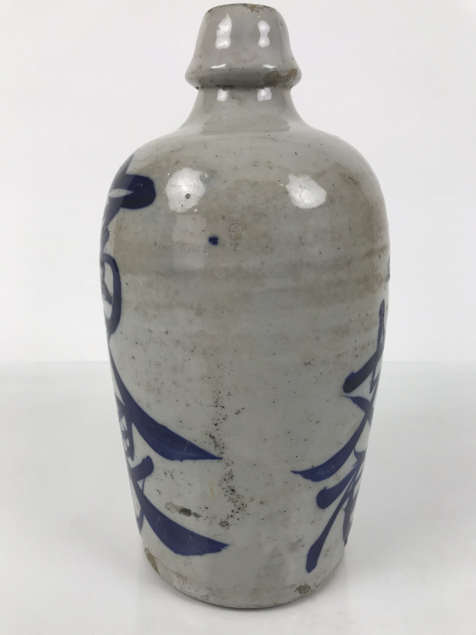 Japanese Ceramic Sake Bottle Kayoi-Tokkuri Vtg Gray Blue Kanji Toyokawa TS909