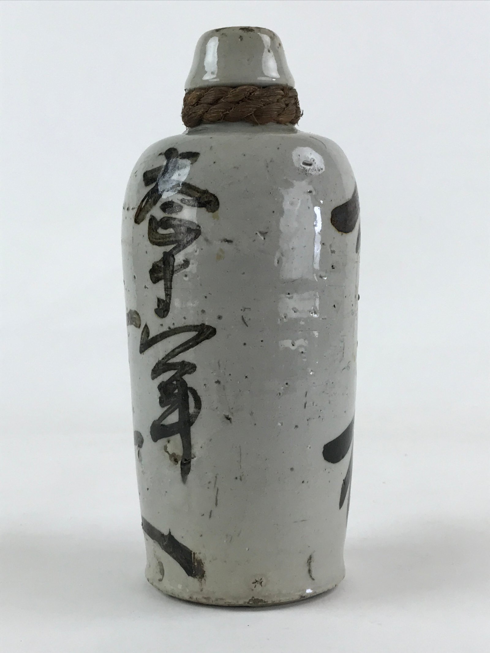 Japanese Ceramic Sake Bottle Kayoi-Tokkuri Vtg Gray Hand-Written Kanji TS557