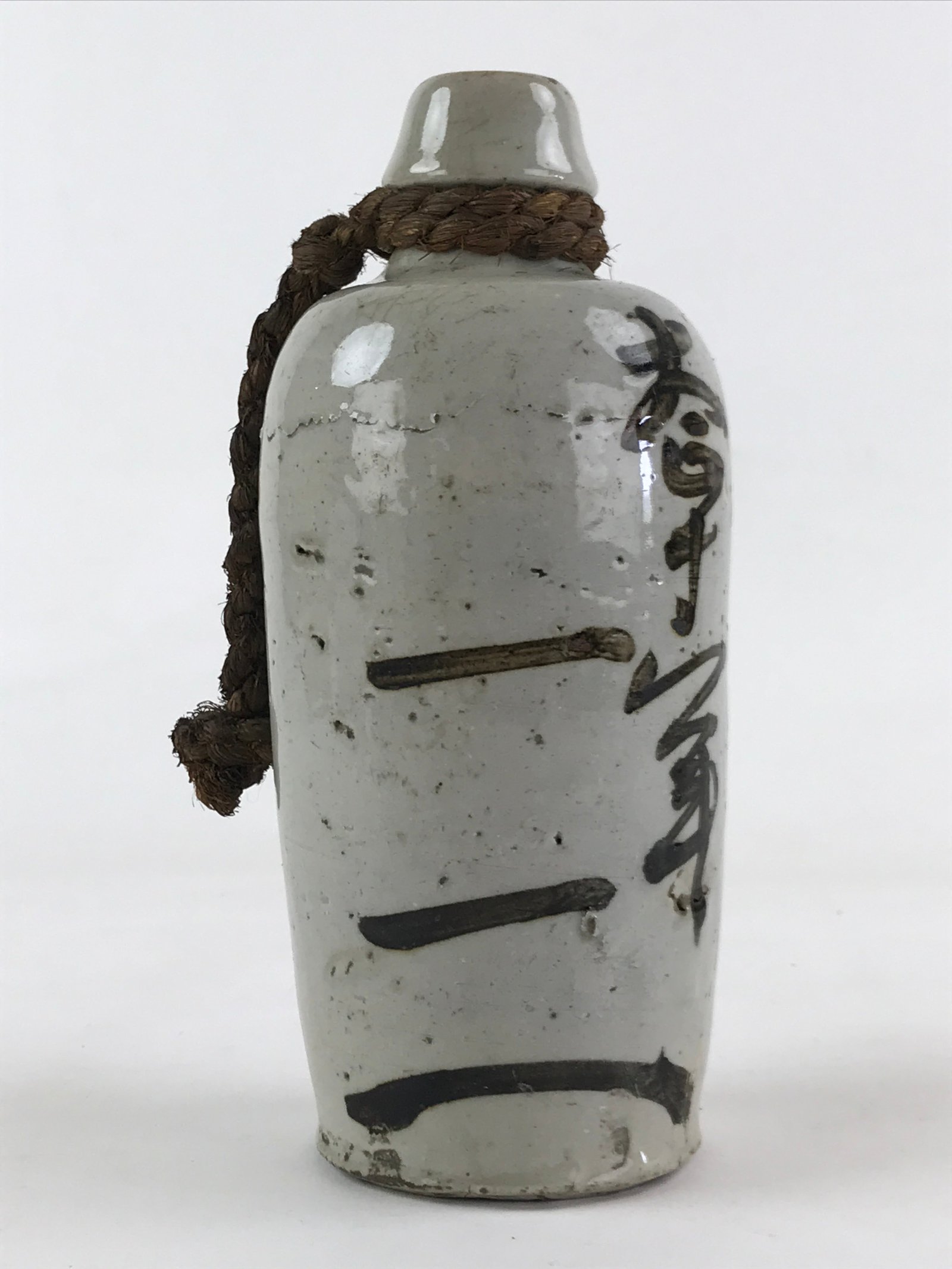 Japanese Ceramic Sake Bottle Kayoi-Tokkuri Vtg Gray Hand-Written Kanji TS557