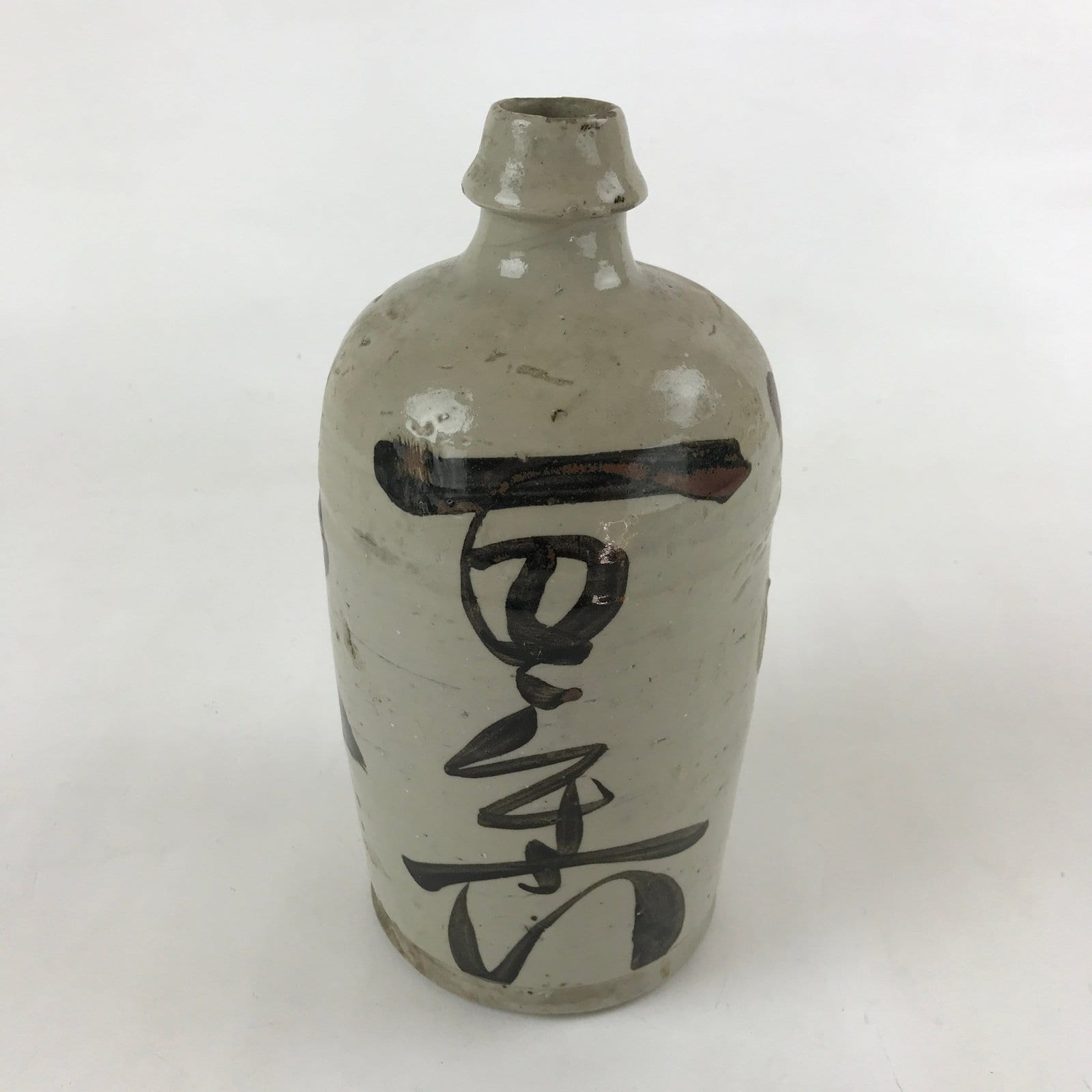 Japanese Ceramic Sake Bottle Kayoi-Tokkuri Vtg Gray Hand-Written Kanji TS576