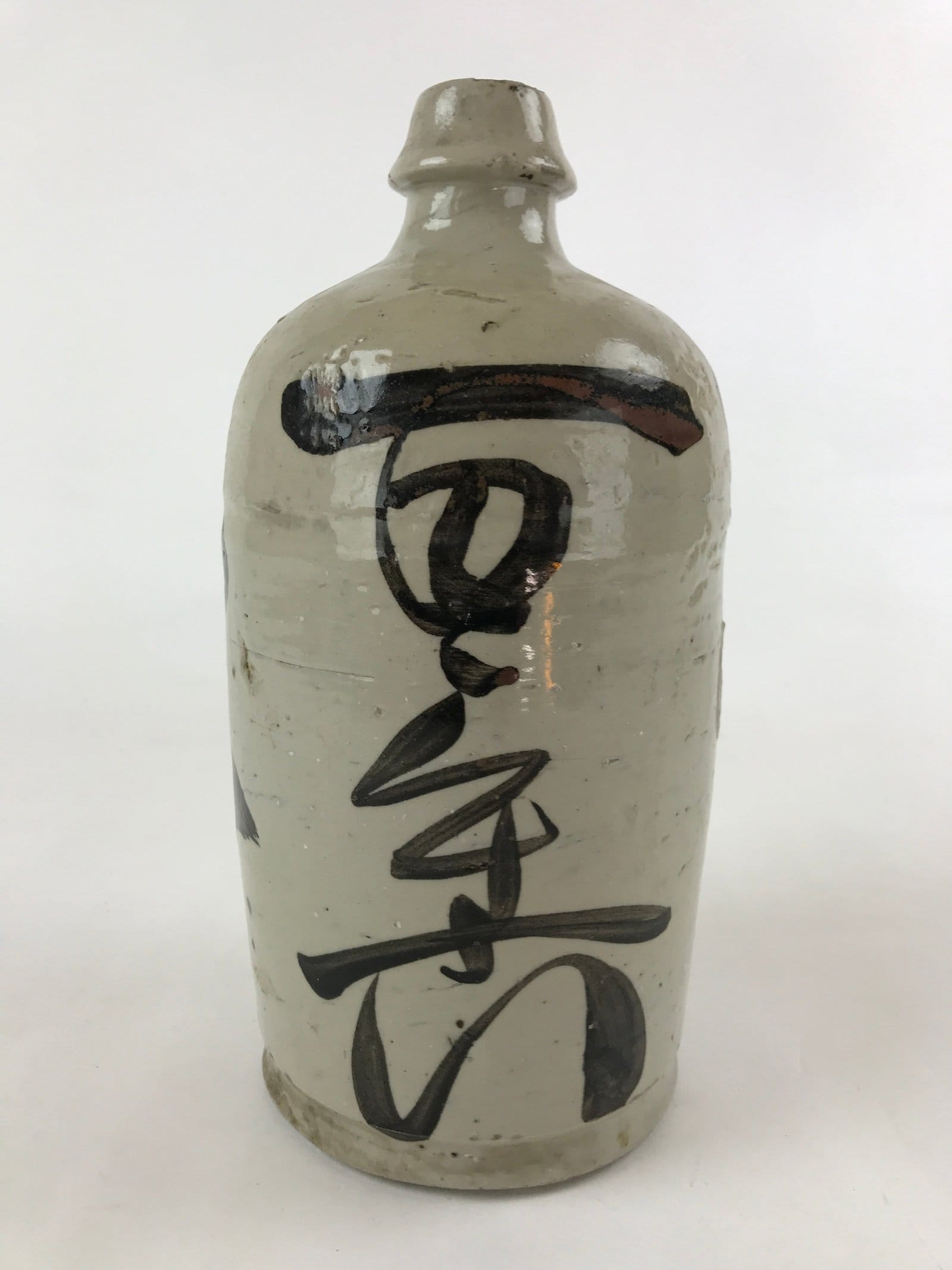 Japanese Ceramic Sake Bottle Kayoi-Tokkuri Vtg Gray Hand-Written Kanji TS576