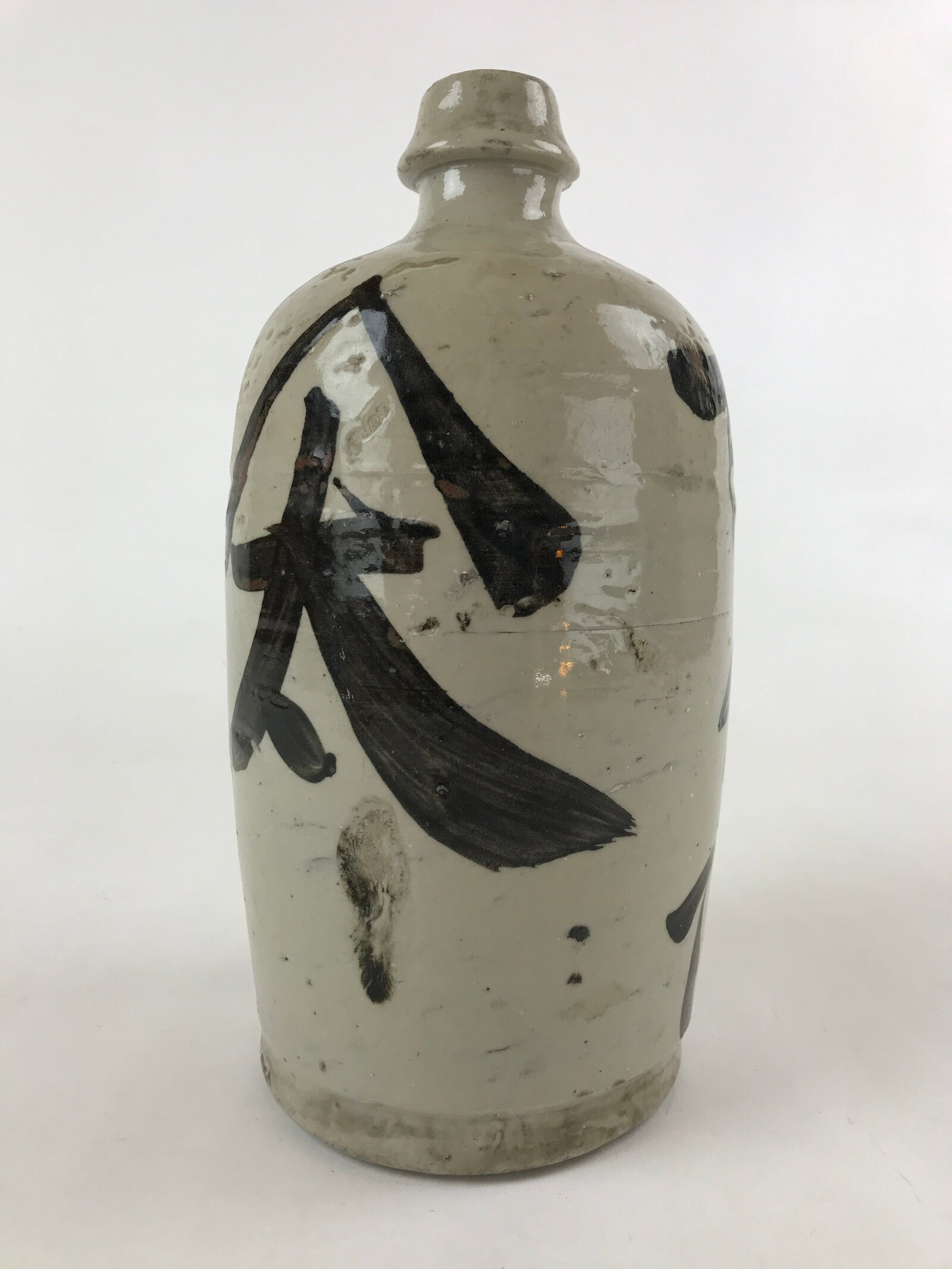 Japanese Ceramic Sake Bottle Kayoi-Tokkuri Vtg Gray Hand-Written Kanji TS576