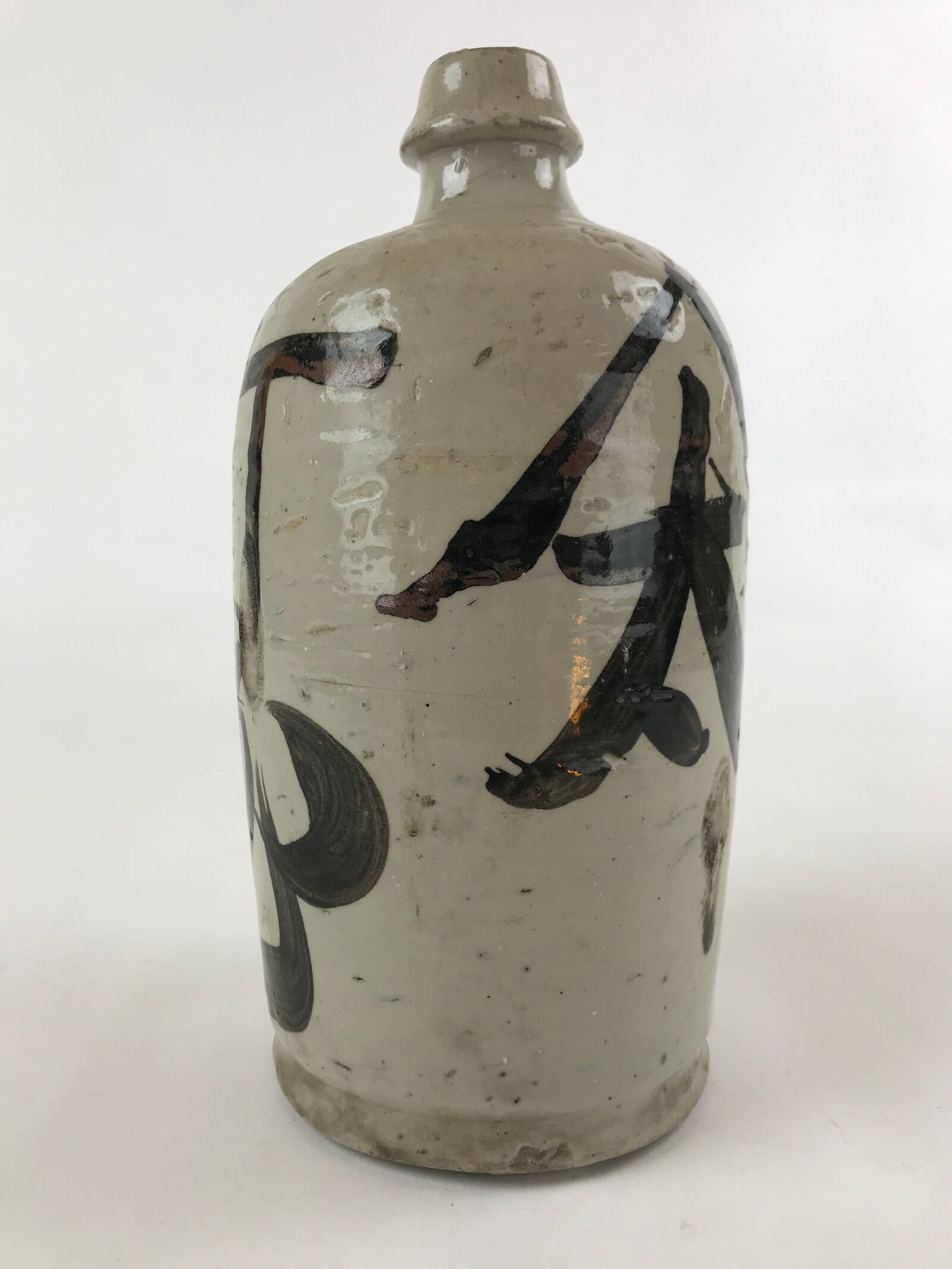 Japanese Ceramic Sake Bottle Kayoi-Tokkuri Vtg Gray Hand-Written Kanji TS576