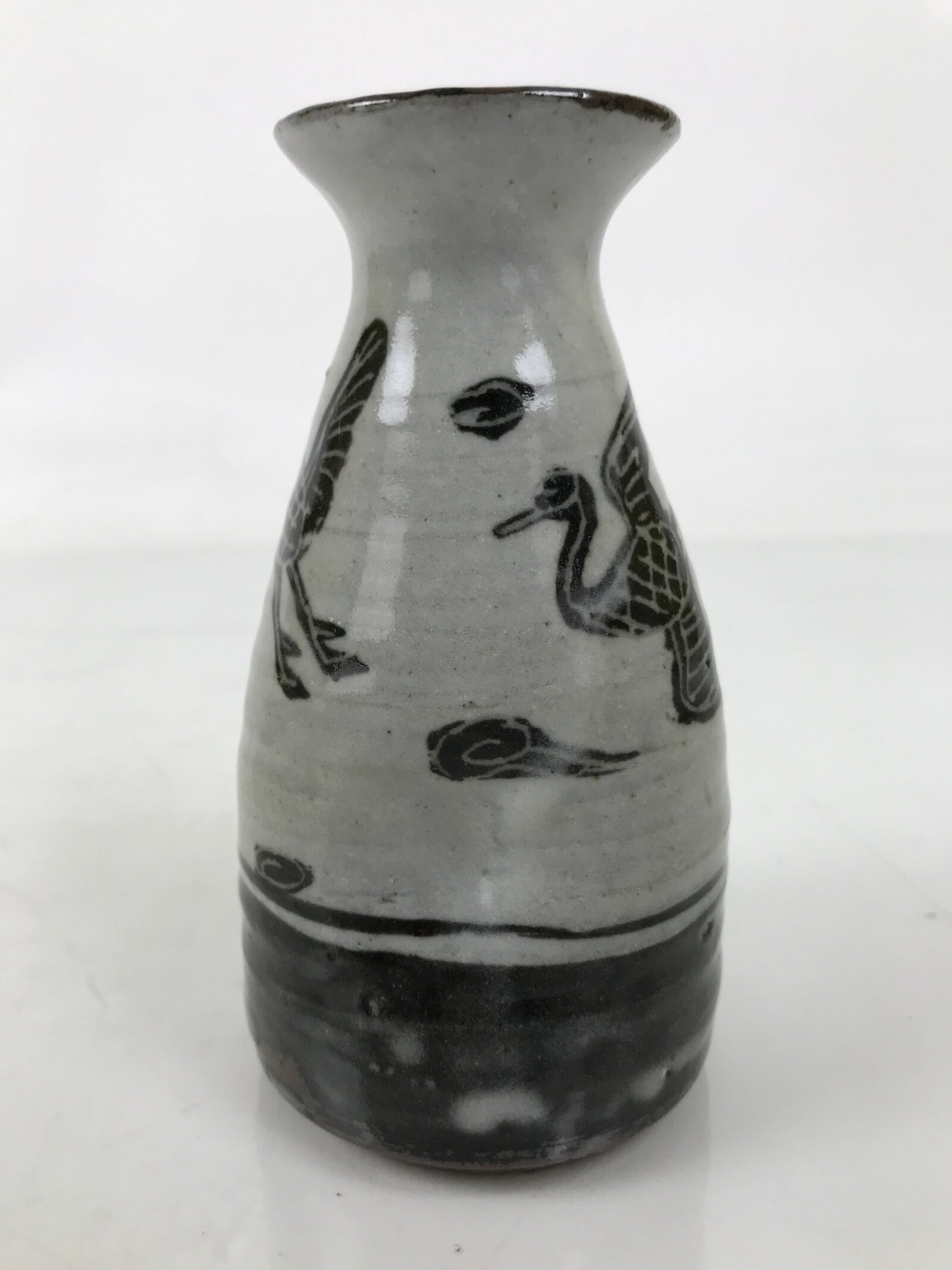 Japanese Ceramic Sake Bottle Tokkuri Gray Flying Crane Cloud Wavy Shade TS798
