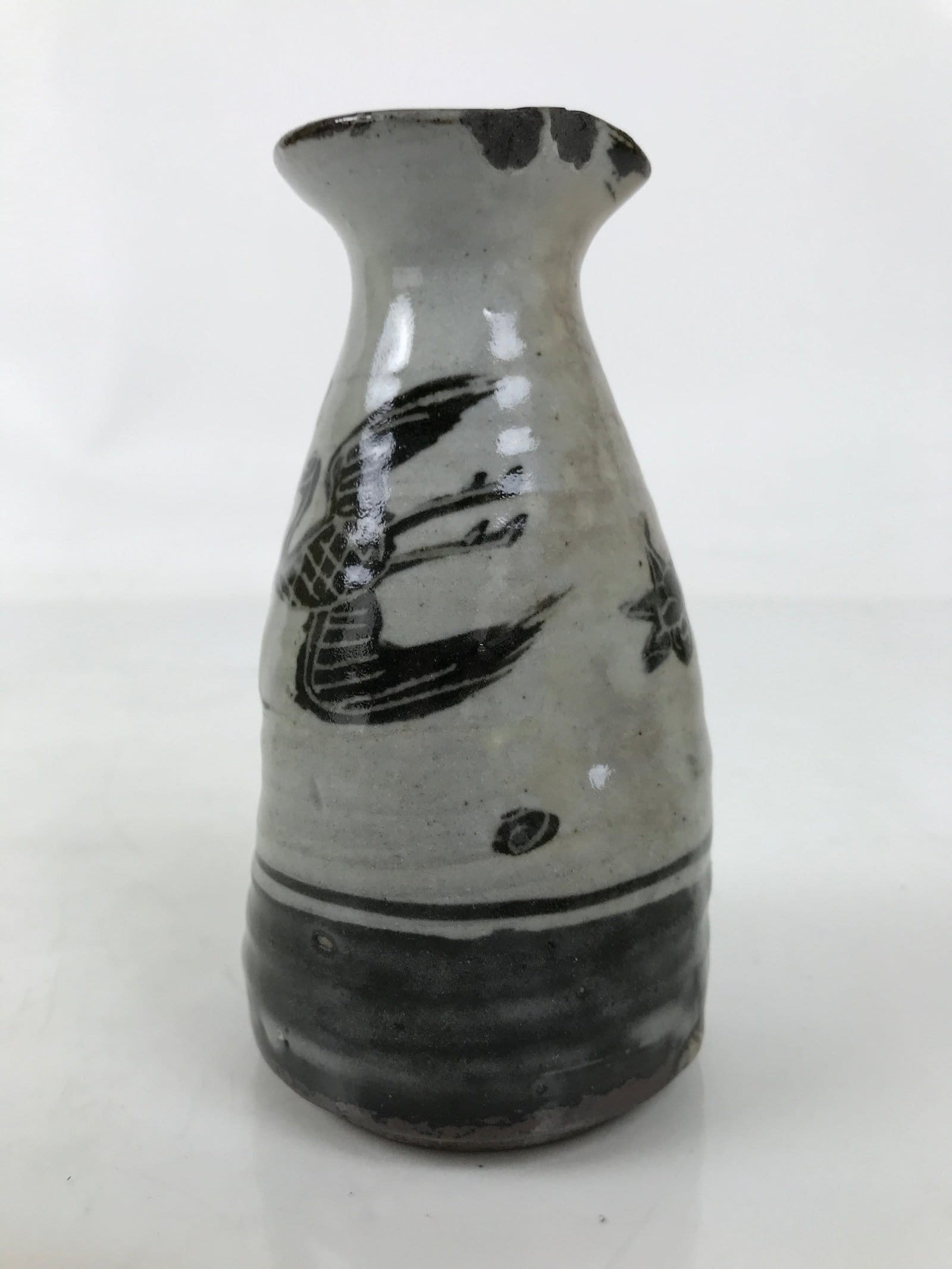 Japanese Ceramic Sake Bottle Tokkuri Gray Flying Crane Cloud Wavy Shade TS798