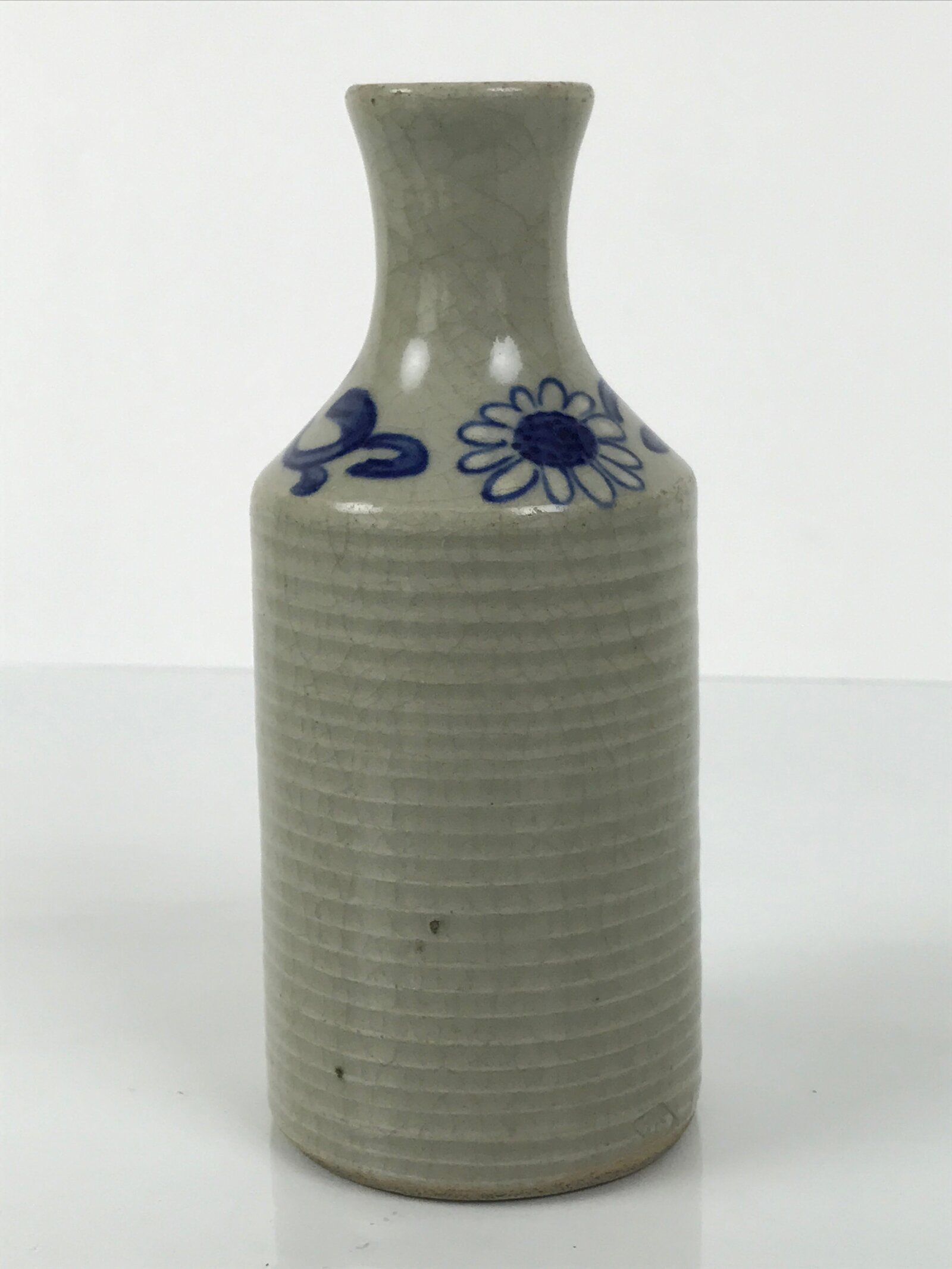Japanese Ceramic Sake Bottle Tokkuri Pottery Sometsuke Gray Blue Sunflower TS836