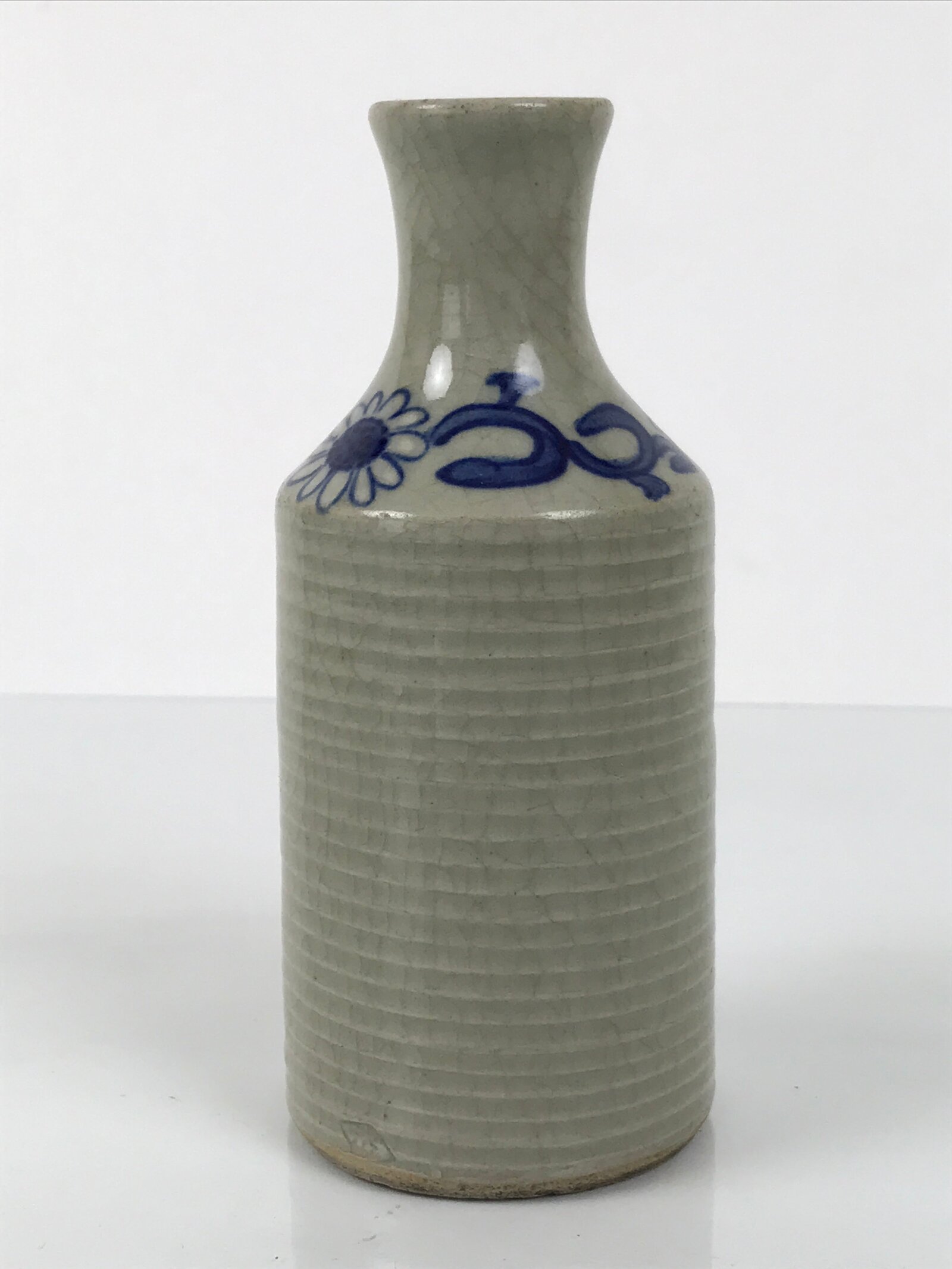 Japanese Ceramic Sake Bottle Tokkuri Pottery Sometsuke Gray Blue Sunflower TS836