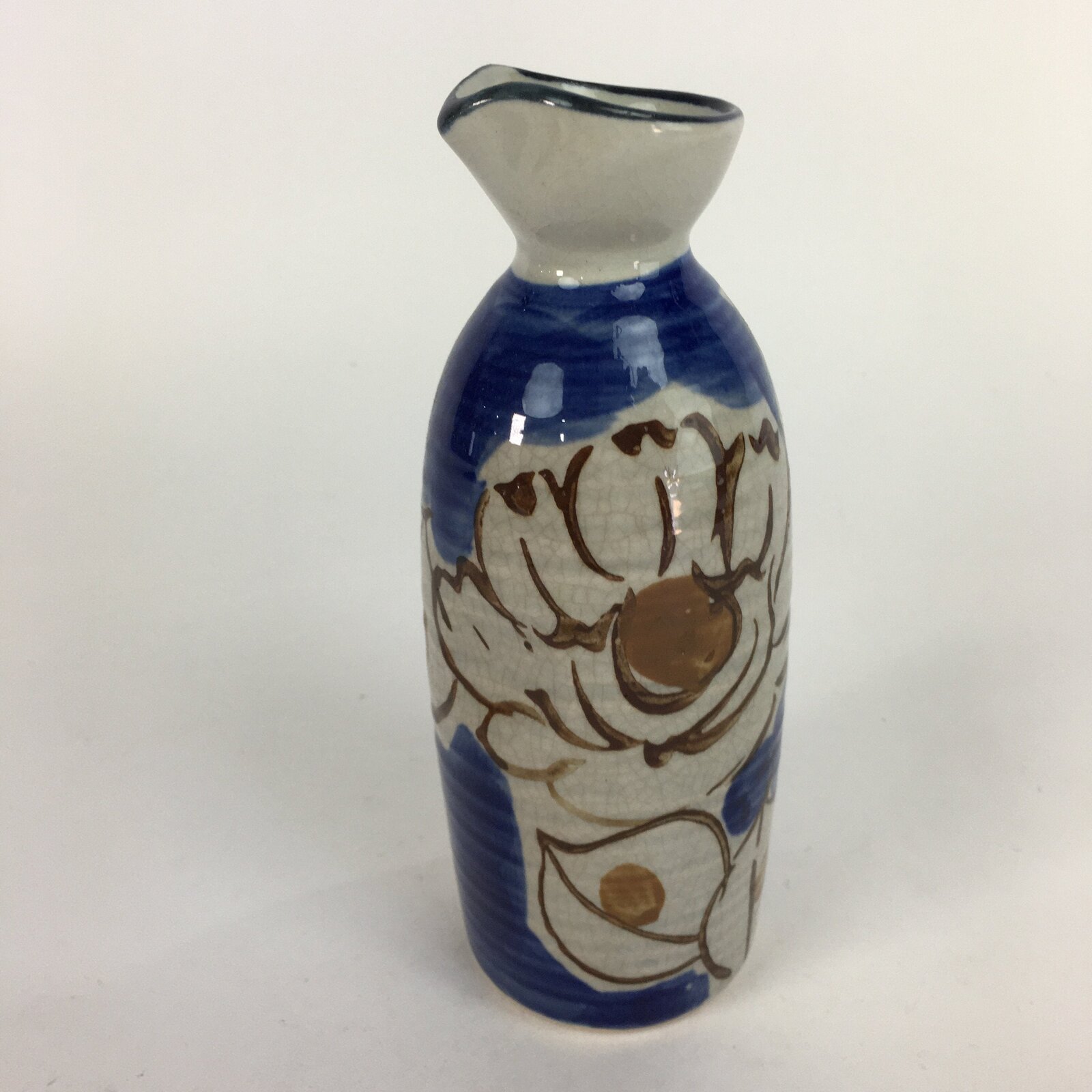 Japanese Ceramic Sake Bottle Tokkuri Vtg Pottery Blue Hand Drawn Picture TS270