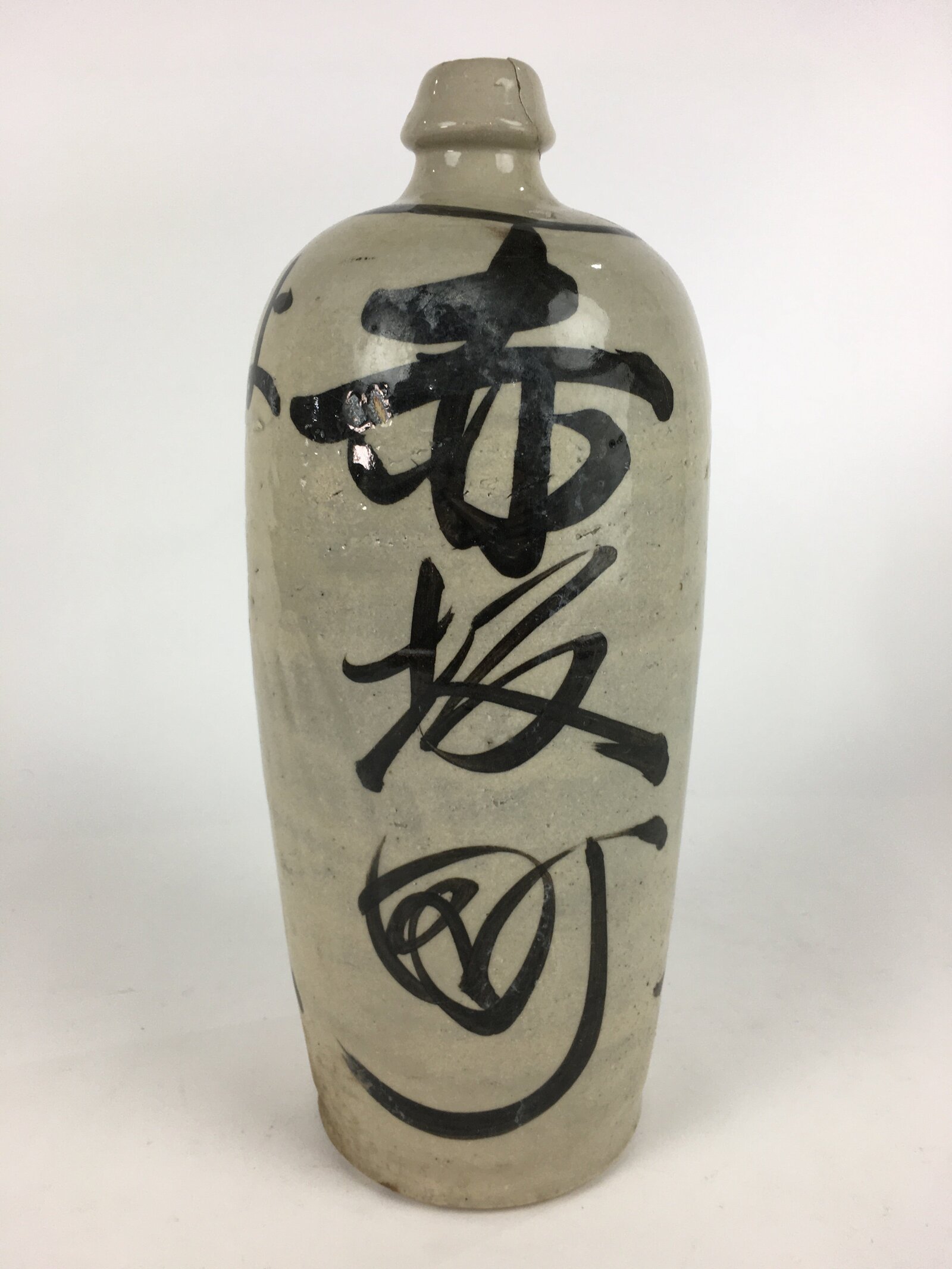 Japanese Ceramic Sake Bottle Tokkuri Vtg Pottery Gray Hand-Written Kanji TS409