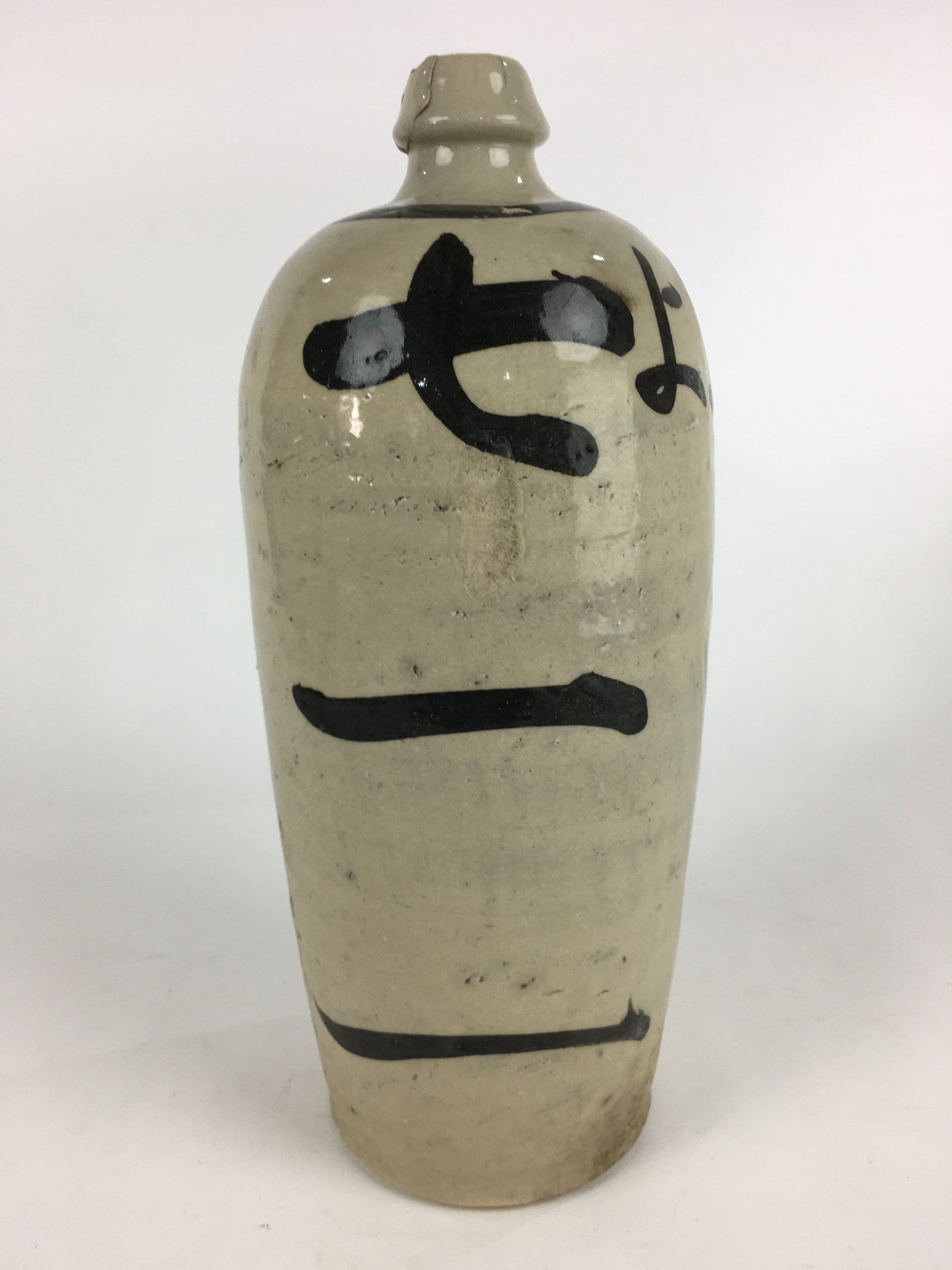 Japanese Ceramic Sake Bottle Tokkuri Vtg Pottery Gray Hand-Written Kanji TS409