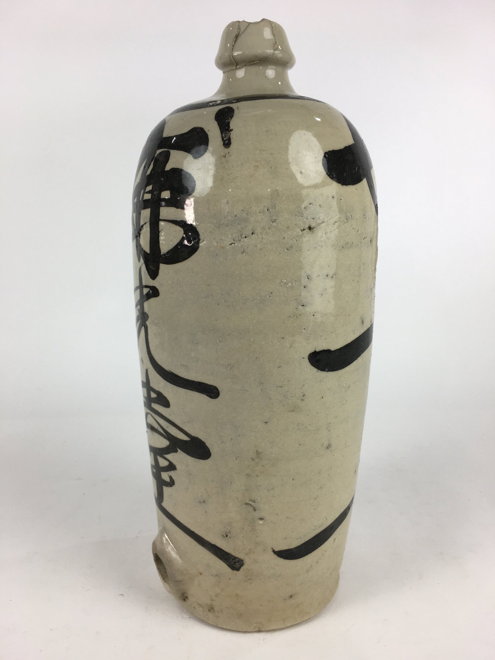 Japanese Ceramic Sake Bottle Tokkuri Vtg Pottery Gray Hand-Written Kanji TS409