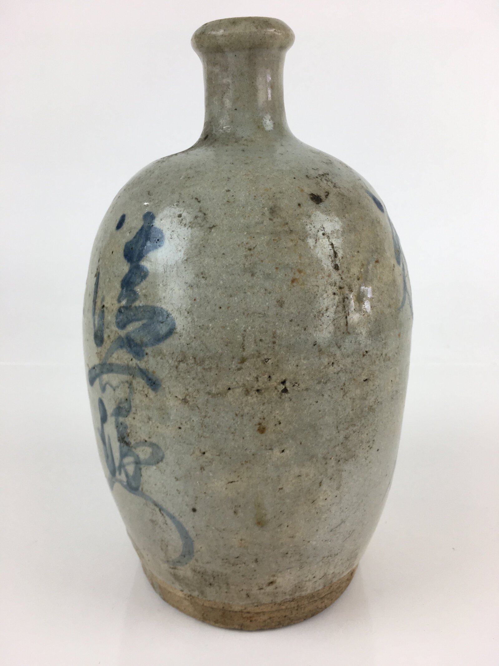 Japanese Ceramic Sake Bottle Tokkuri Vtg Pottery Gray Hand-Written Kanji TS421
