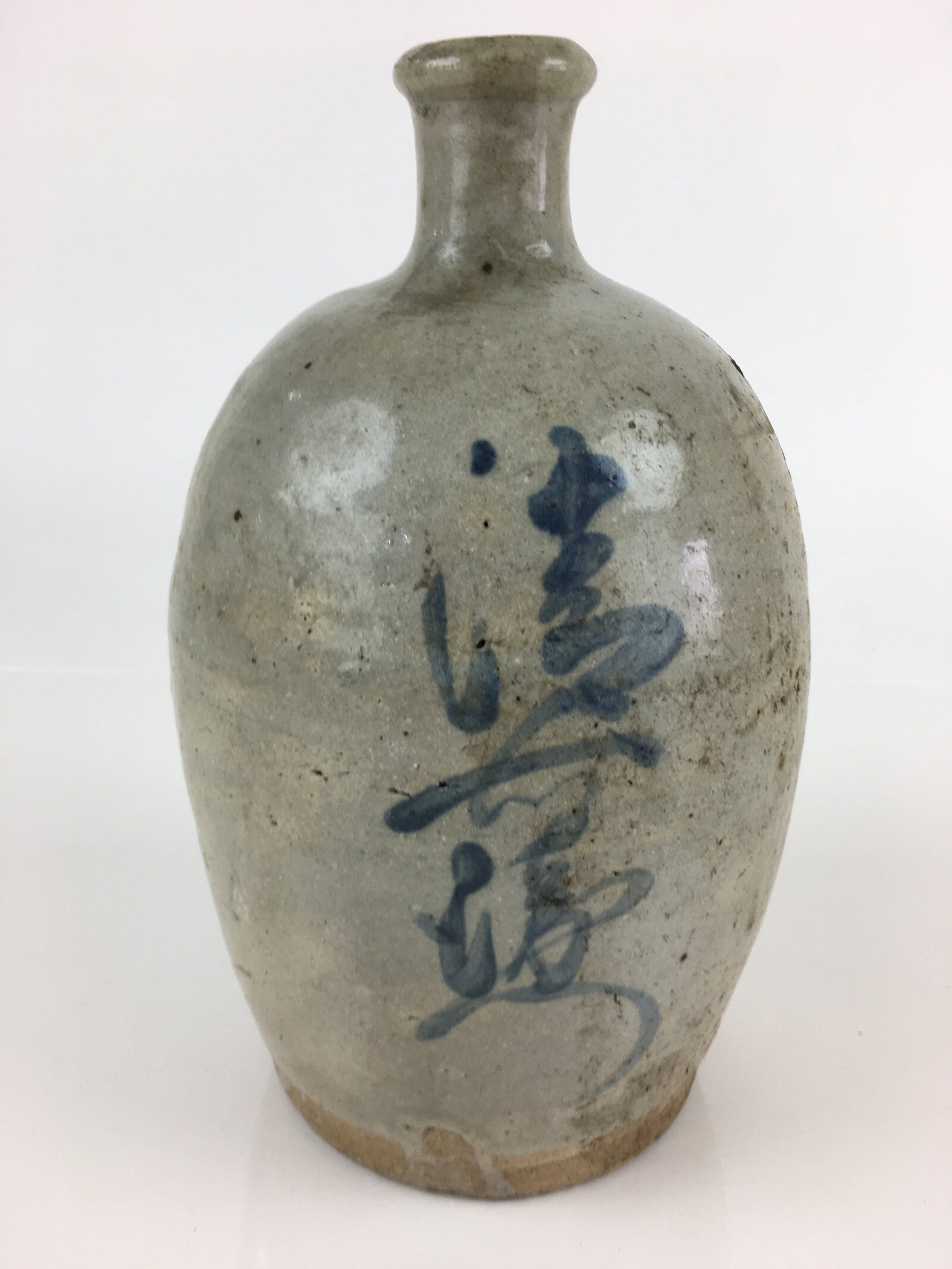 Japanese Ceramic Sake Bottle Tokkuri Vtg Pottery Gray Hand-Written Kanji TS421