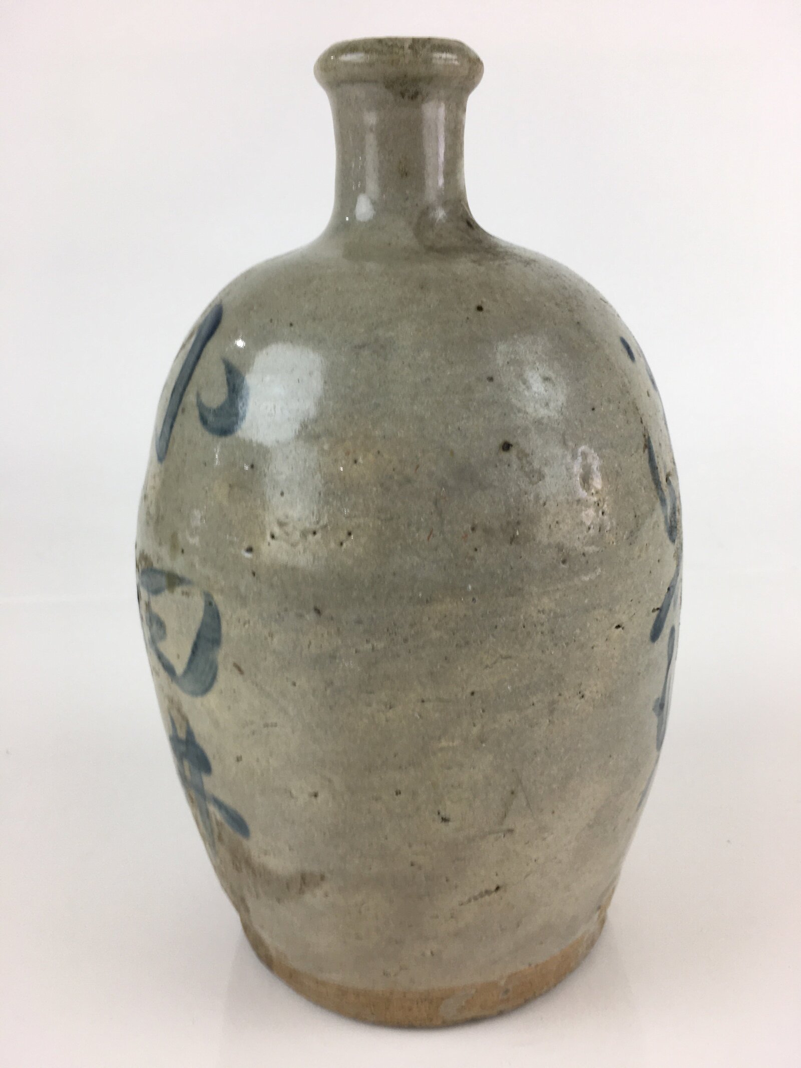 Japanese Ceramic Sake Bottle Tokkuri Vtg Pottery Gray Hand-Written Kanji TS421