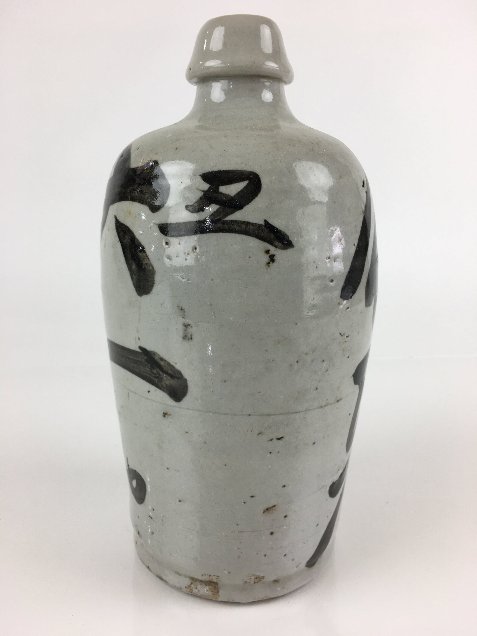 Japanese Ceramic Sake Bottle Tokkuri Vtg Pottery Gray Hand-Written Kanji TS423