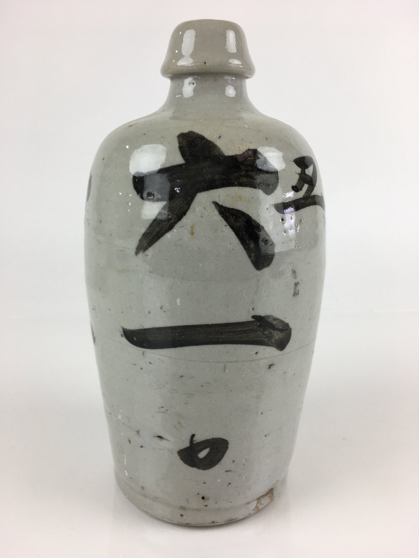 Japanese Ceramic Sake Bottle Tokkuri Vtg Pottery Gray Hand-Written Kanji TS423