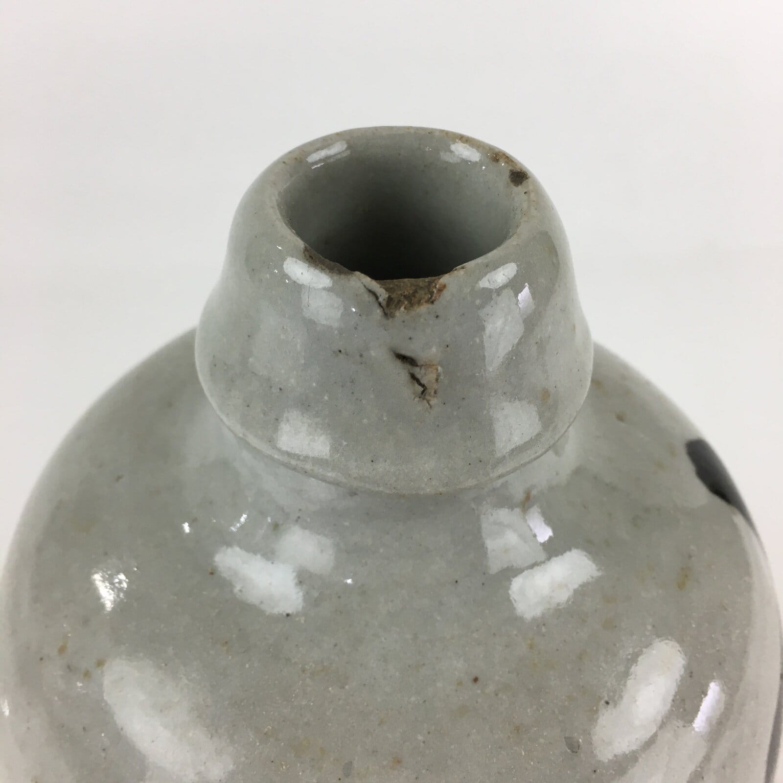 Japanese Ceramic Sake Bottle Tokkuri Vtg Pottery Gray Hand-Written Kanji TS423