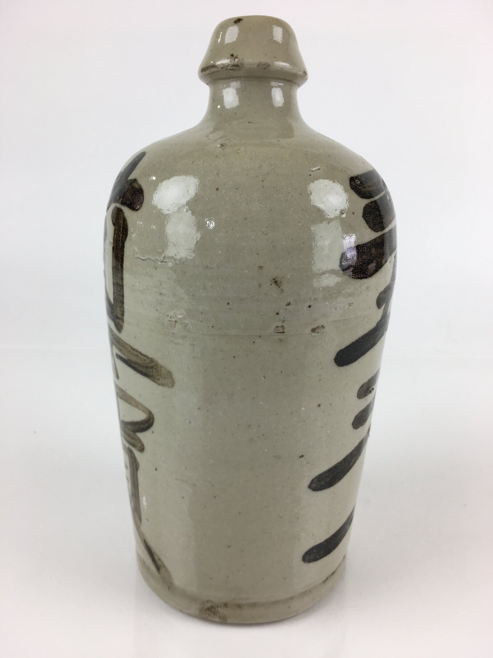 Japanese Ceramic Sake Bottle Tokkuri Vtg Pottery Gray Hand-Written Kanji TS424