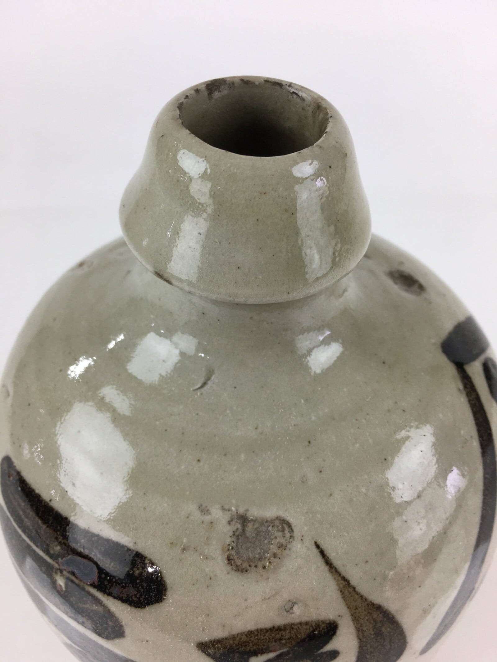 Japanese Ceramic Sake Bottle Tokkuri Vtg Pottery Gray Hand-Written Kanji TS424