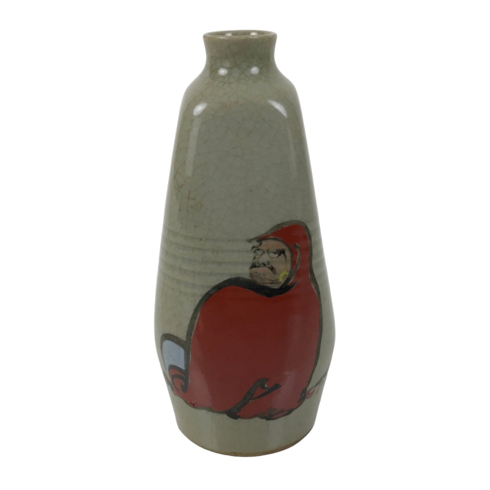 Japanese Ceramic Sake Bottle Tokkuri Vtg Pottery Ichi-Go Red Daruma Gray TS835