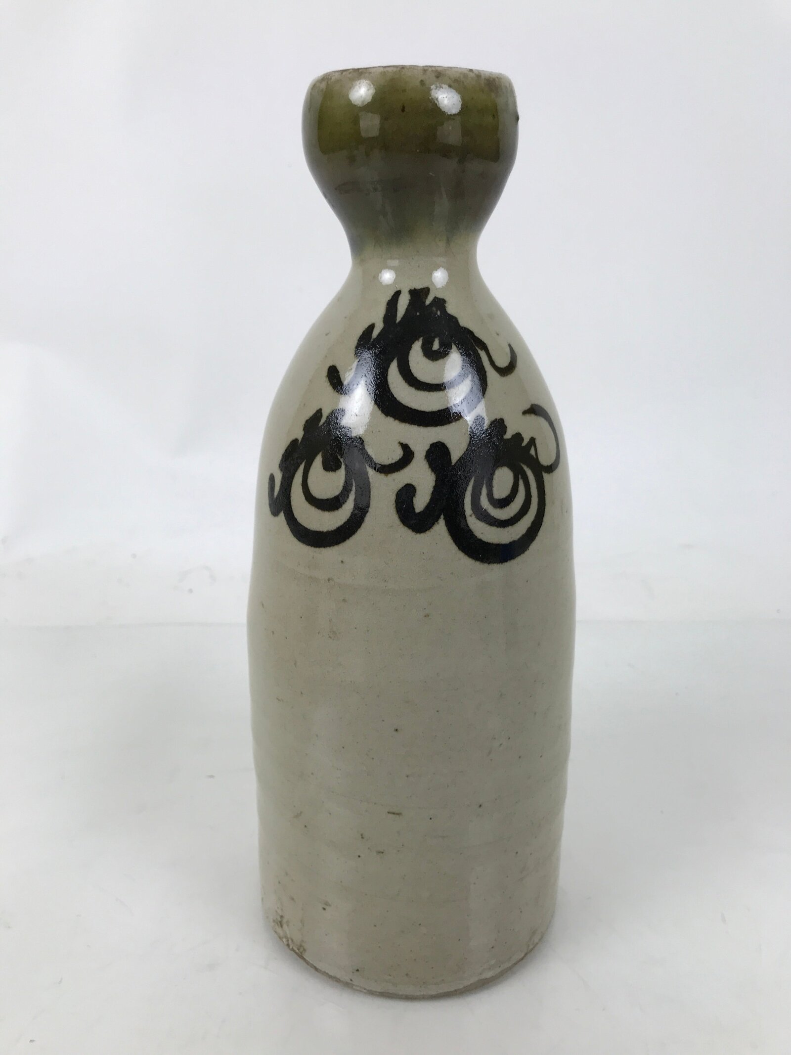 Japanese Ceramic Sake Bottle Vtg Kayoi-Tokkuri Gray Black Green Circles TS814